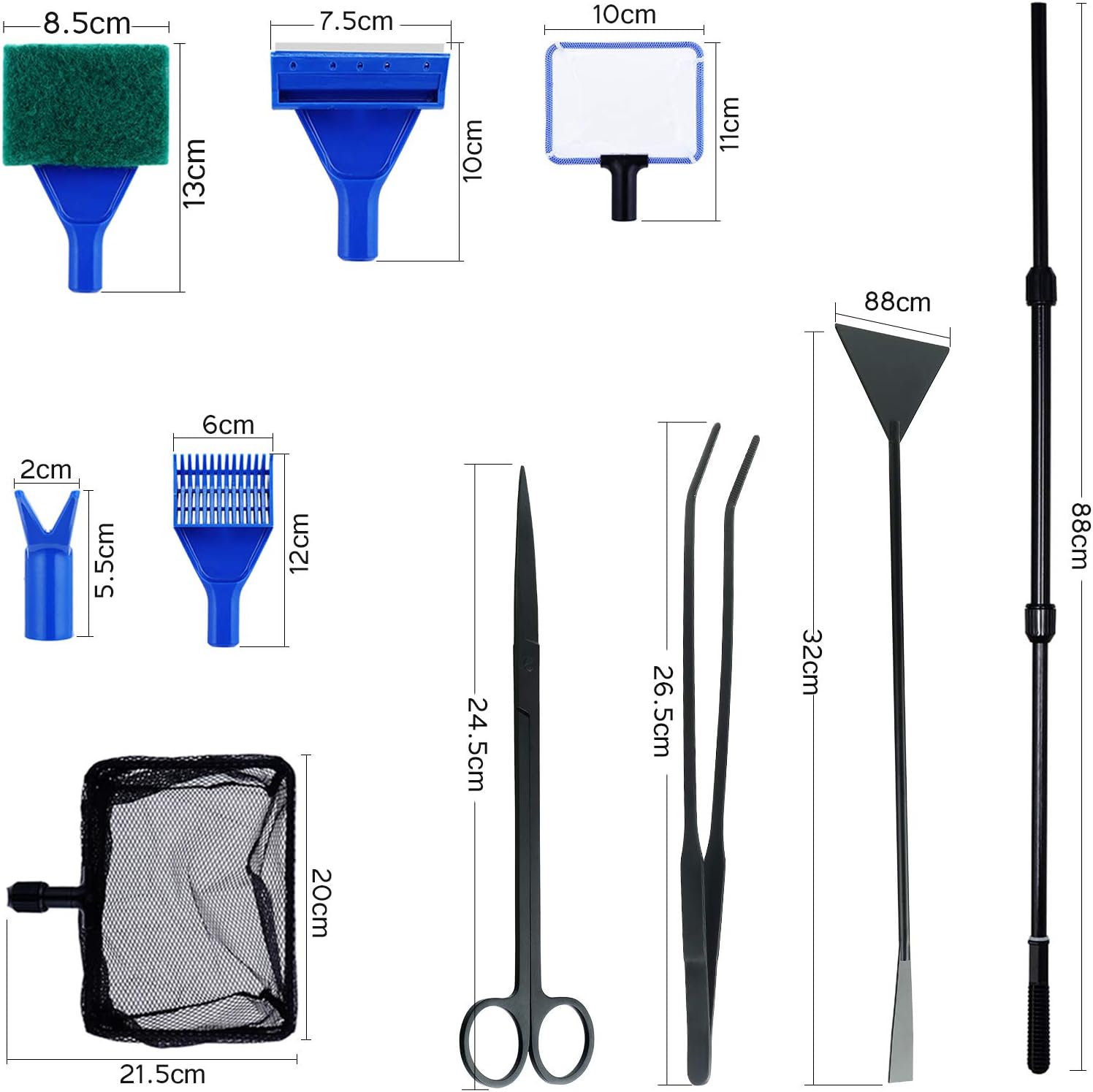9-in-1 Aquarium-Reinigungswerkzeug-Set, Fischnetz, Kiesrechen, Pflanzengabel, Schaber, Schwamm und Edelstahl-Aquarium-Werkzeug-Set, Aquarium-Reiniger, Aquascape Wasserpinzette, Schaber-Set – Bild 2