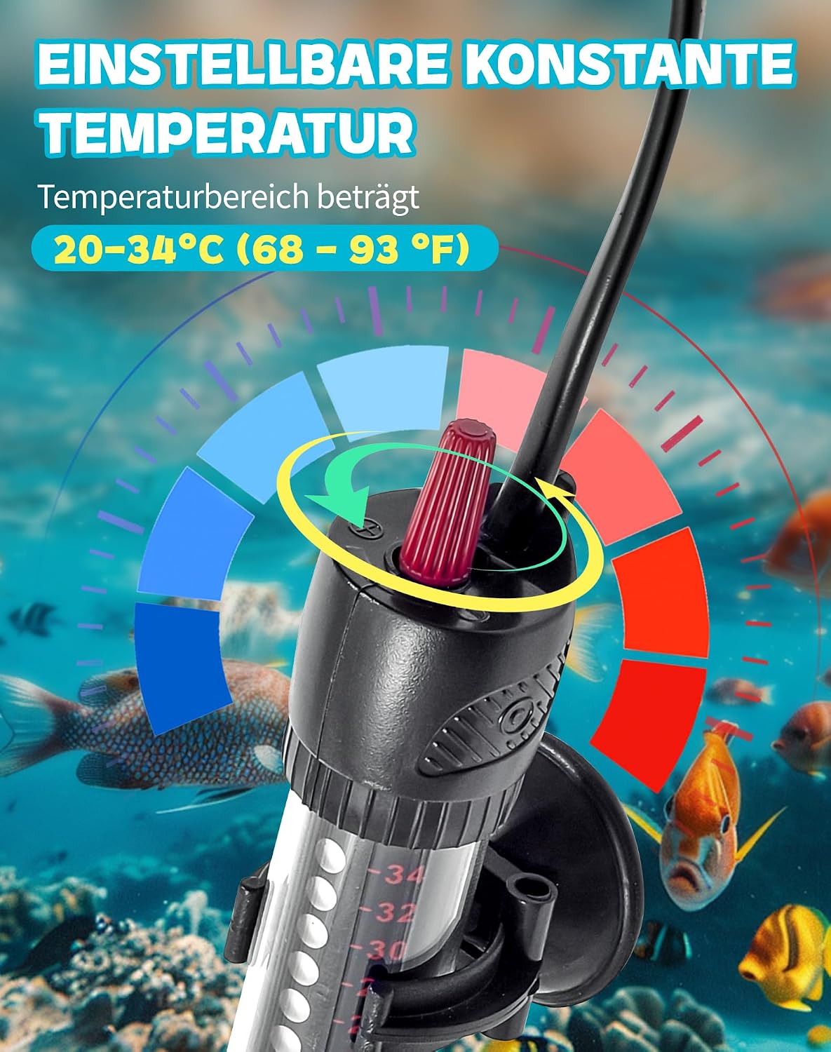 Aquarium Heizung 50W Aquarienheizer für 30-60 L Aquarien Heizer Aquarium Heizstab mit Temperatureinstellknopf 20-34°C Verdicktes Quarzglas + Saugnäpfen – Bild 2