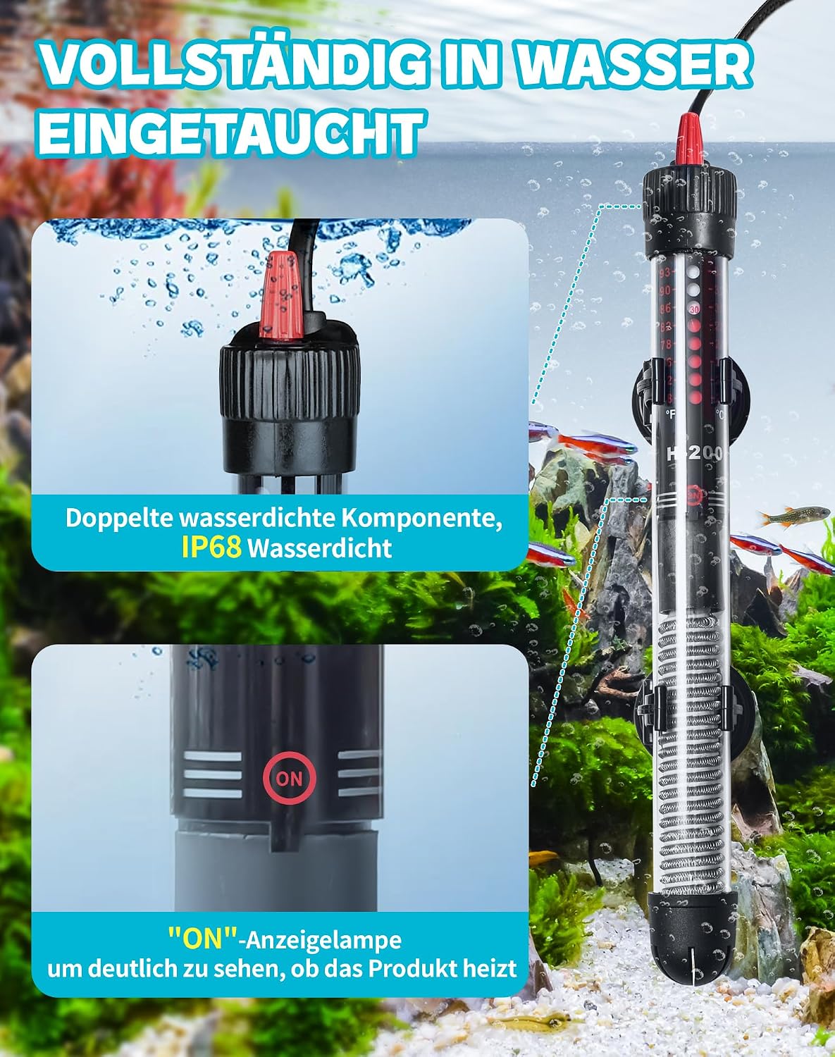 Aquarium Heizung 50W Aquarienheizer für 30-60 L Aquarien Heizer Aquarium Heizstab mit Temperatureinstellknopf 20-34°C Verdicktes Quarzglas + Saugnäpfen – Bild 3