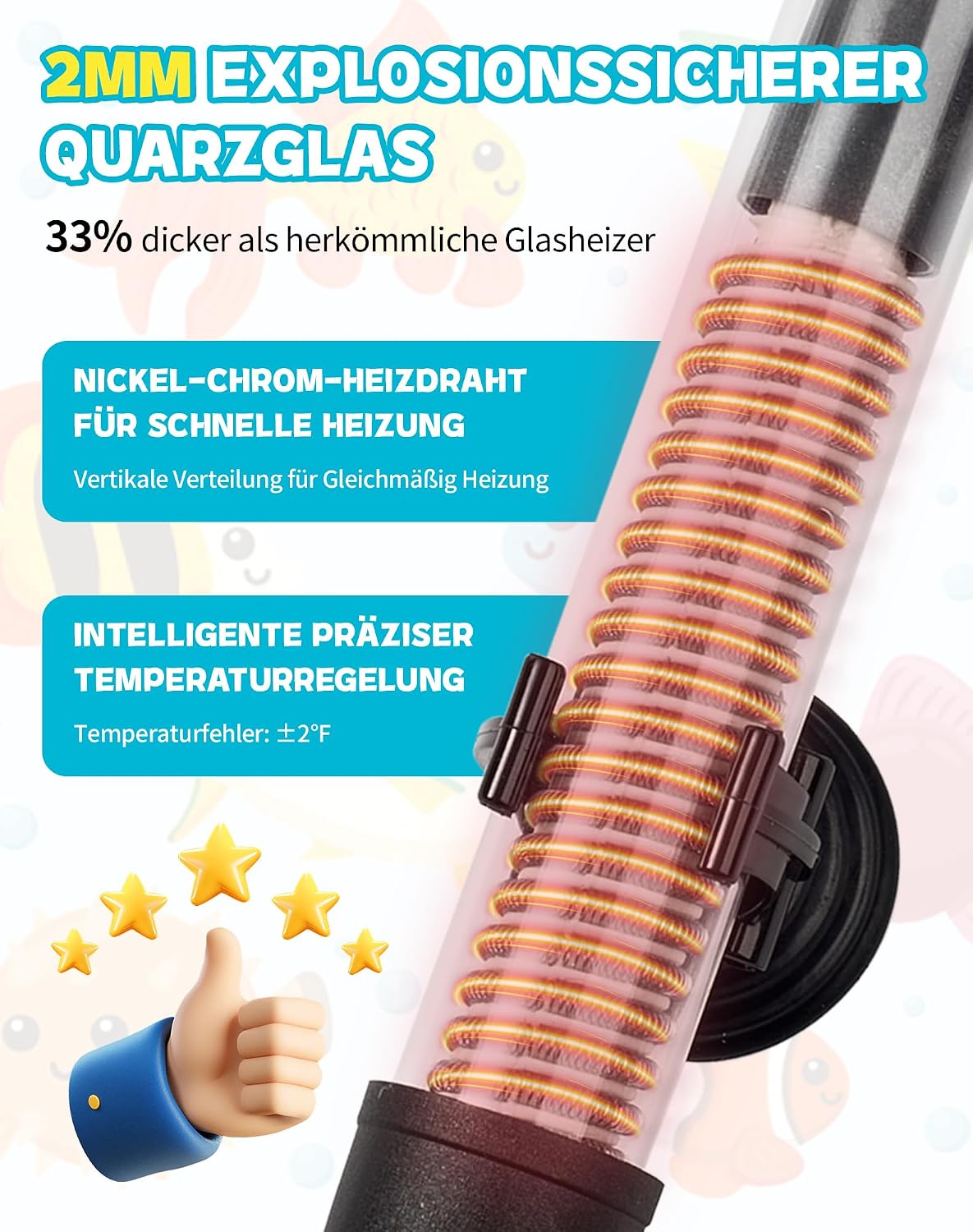 Aquarium Heizung 50W Aquarienheizer für 30-60 L Aquarien Heizer Aquarium Heizstab mit Temperatureinstellknopf 20-34°C Verdicktes Quarzglas + Saugnäpfen – Bild 4
