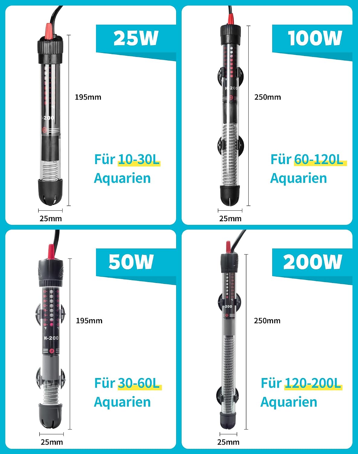 Aquarium Heizung 50W Aquarienheizer für 30-60 L Aquarien Heizer Aquarium Heizstab mit Temperatureinstellknopf 20-34°C Verdicktes Quarzglas + Saugnäpfen – Bild 6