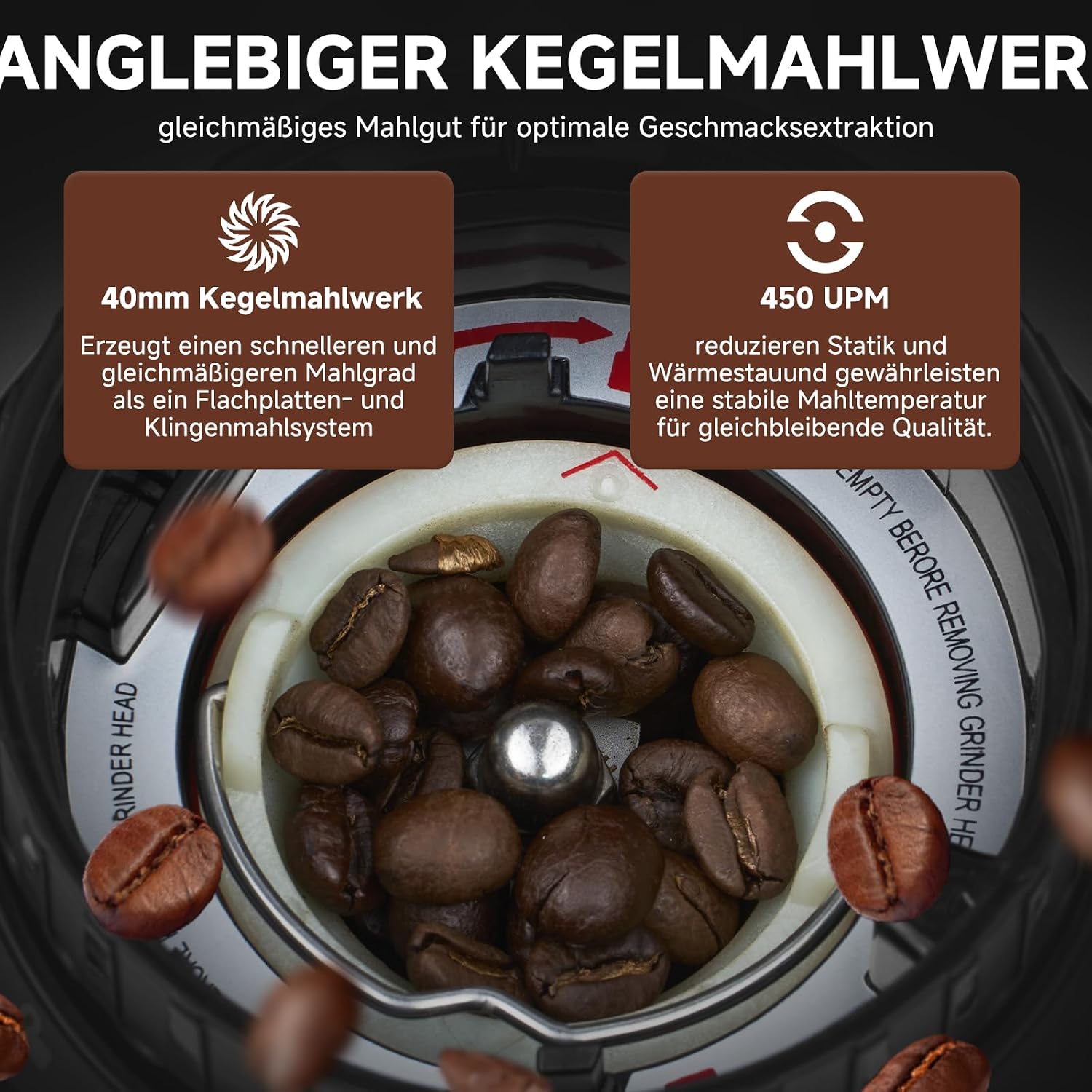 AMZCHEF Kaffeemühle Elektrisch mit 48 Mahlgraden, Edelstahl-Kegelmahlwerk – Bild 3