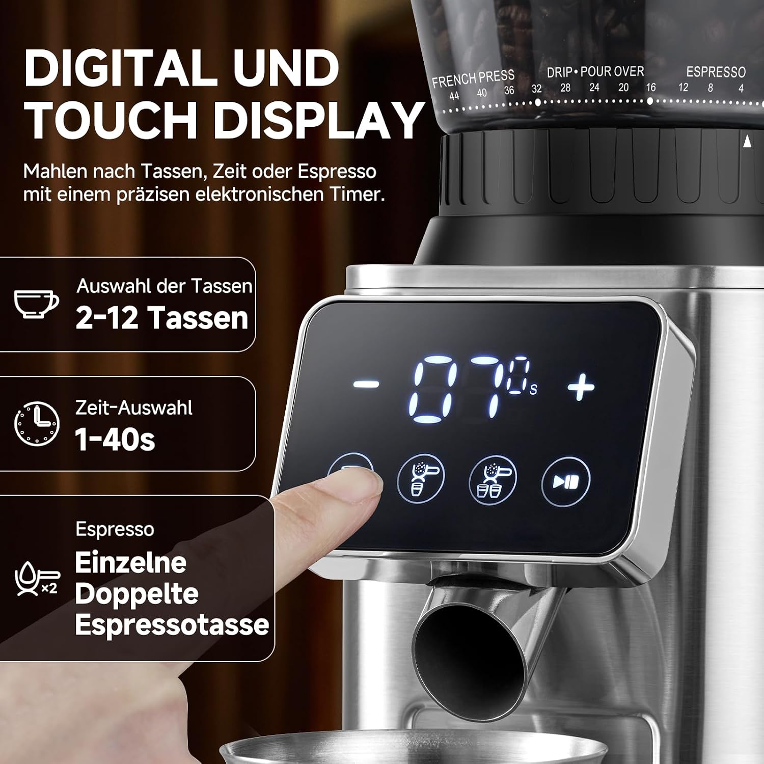 AMZCHEF Kaffeemühle Elektrisch mit 48 Mahlgraden, Edelstahl-Kegelmahlwerk – Bild 6