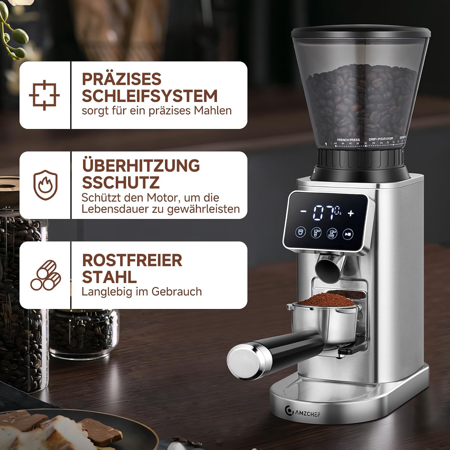 AMZCHEF Kaffeemühle Elektrisch mit 48 Mahlgraden, Edelstahl-Kegelmahlwerk – Bild 8