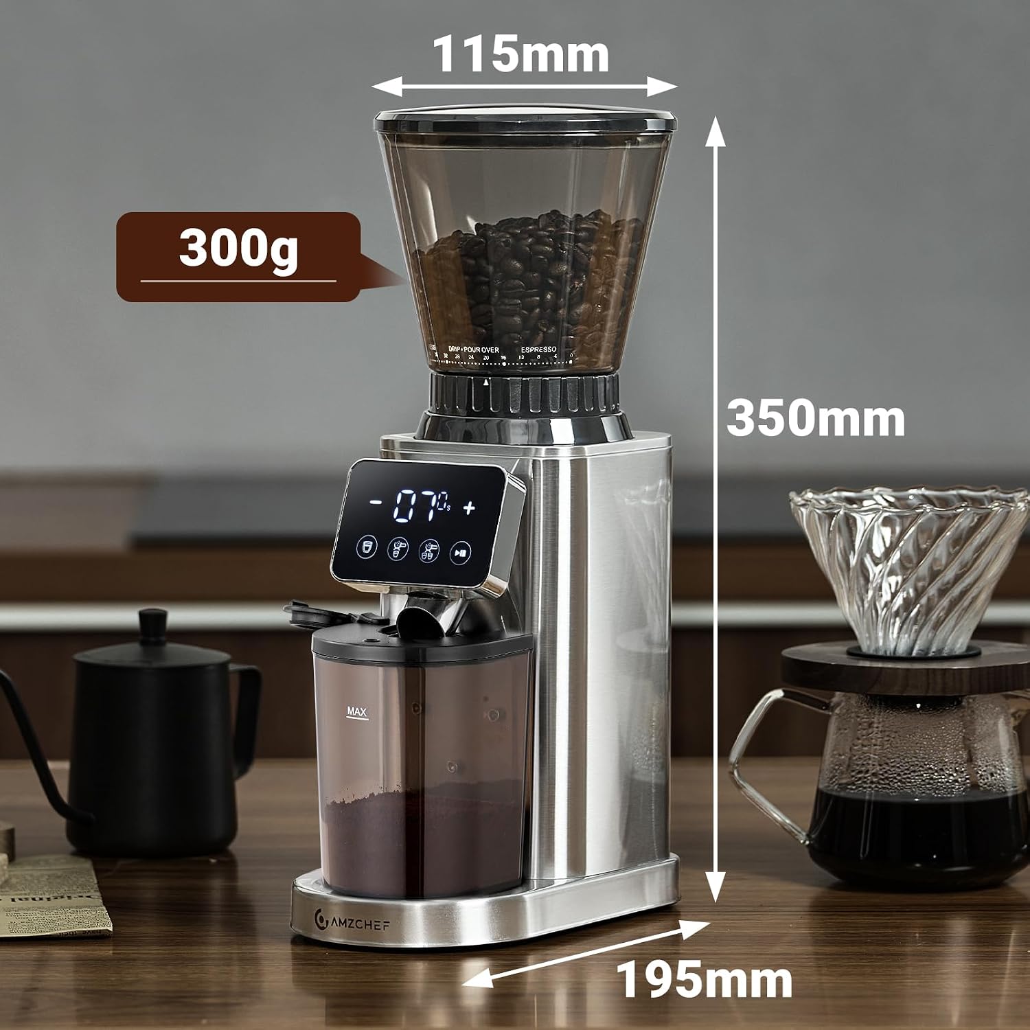 AMZCHEF Kaffeemühle Elektrisch mit 48 Mahlgraden, Edelstahl-Kegelmahlwerk – Bild 9