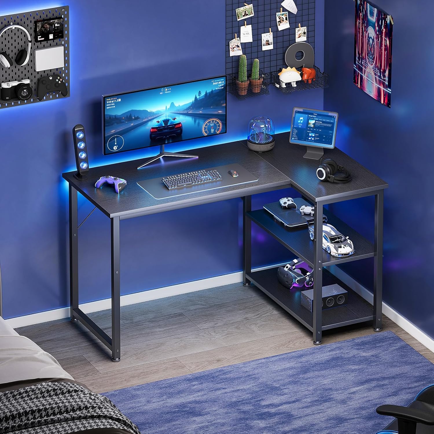 Coleshome Kleiner Gaming Tisch mit Regal, 100×70 cm, Schwarz – Bild 7