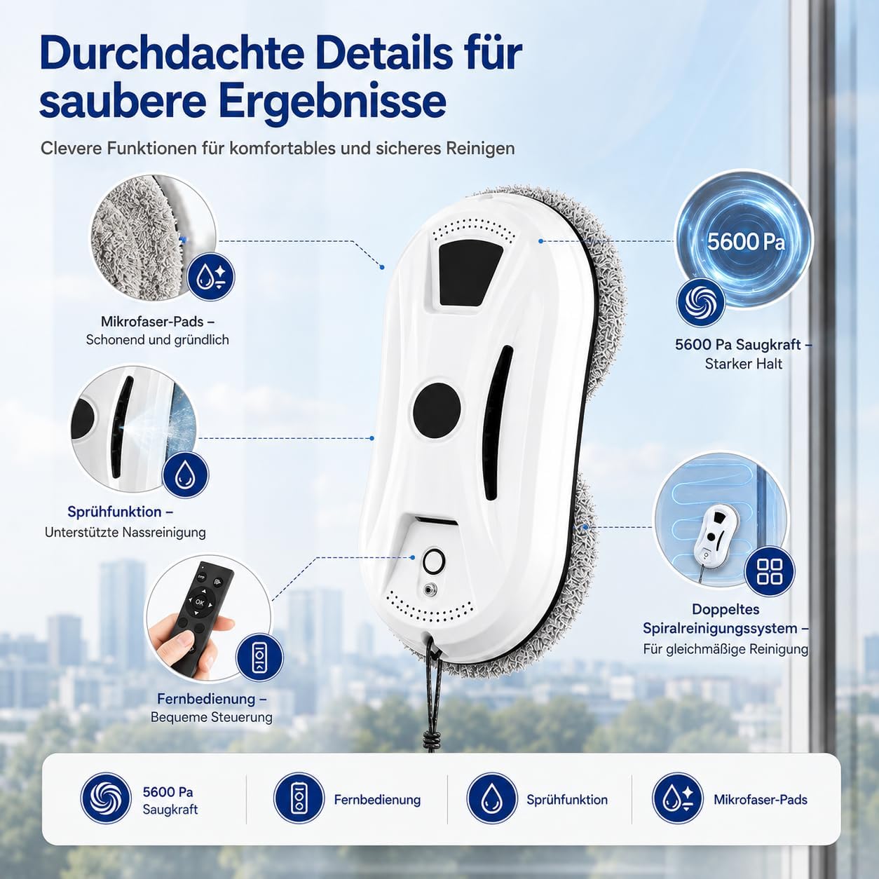 2027 Fensterputzroboter mit Sprühfunktion & Kantenerkennung, 3 Modi, KI-gesteuerter Fensterputzroboter mit Starker Saugkraft, Automatischer Glasreiniger für Fenster, Spiegel und Fliesen (2Mix) – Bild 2