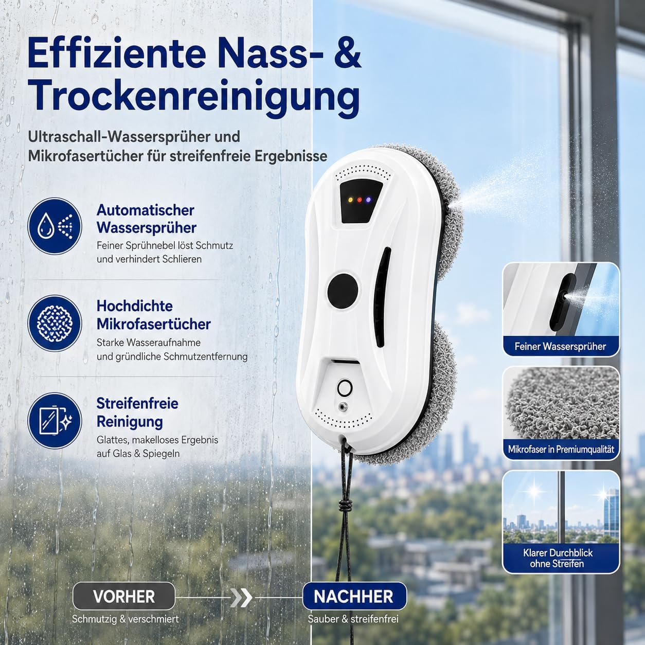 2027 Fensterputzroboter mit Sprühfunktion & Kantenerkennung, 3 Modi, KI-gesteuerter Fensterputzroboter mit Starker Saugkraft, Automatischer Glasreiniger für Fenster, Spiegel und Fliesen (2Mix) – Bild 4