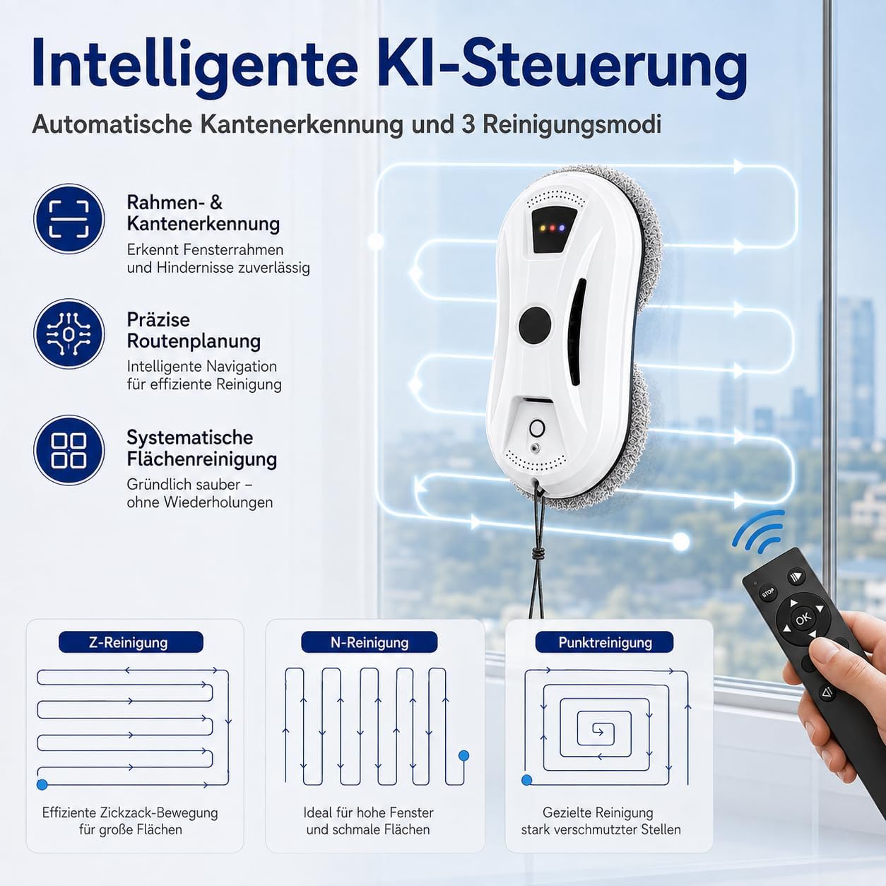 2027 Fensterputzroboter mit Sprühfunktion & Kantenerkennung, 3 Modi, KI-gesteuerter Fensterputzroboter mit Starker Saugkraft, Automatischer Glasreiniger für Fenster, Spiegel und Fliesen (2Mix) – Bild 5