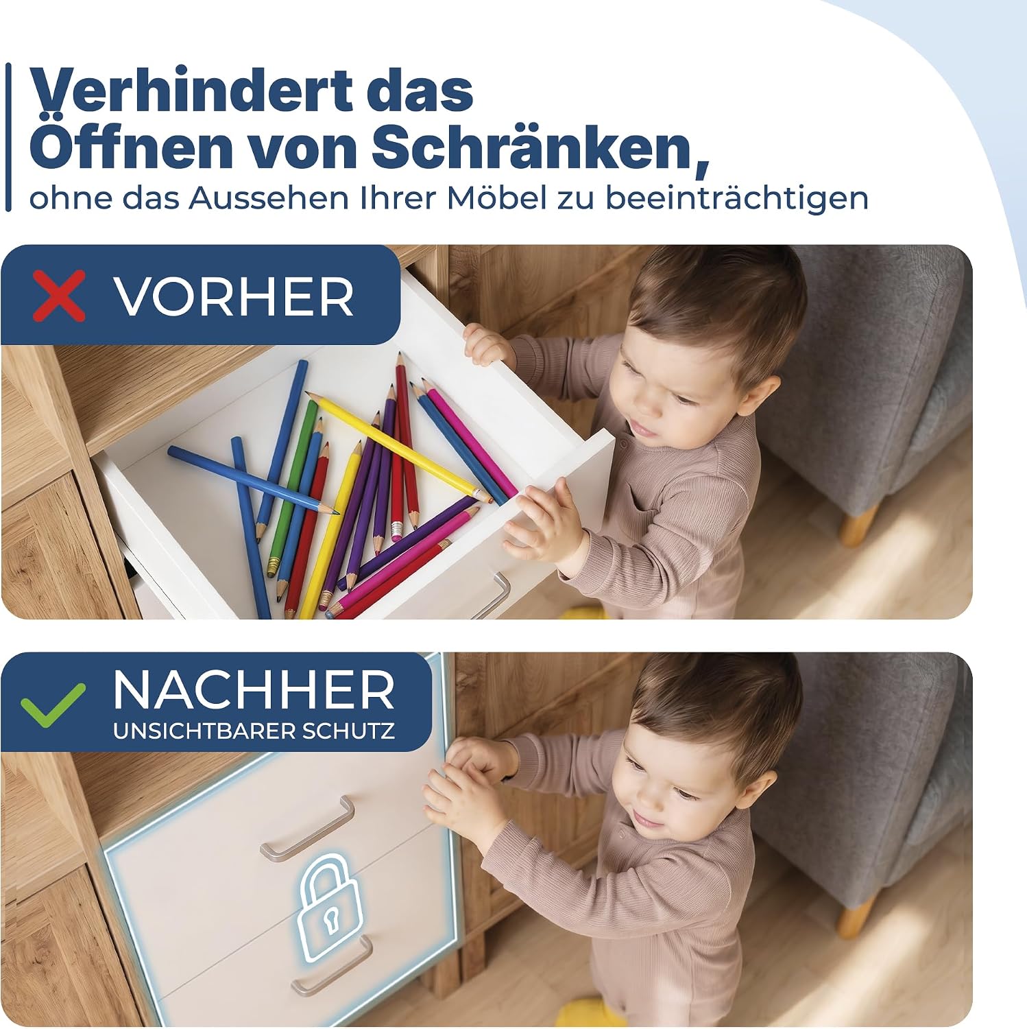 Hoffenbach Magnetische Kindersicherung 20 Schlösser + 4 Schlüssel – Schranksicherung & Schubladensicherung ohne Bohren – Unsichtbarer Magnetverschluss – Weiß – Bild 3