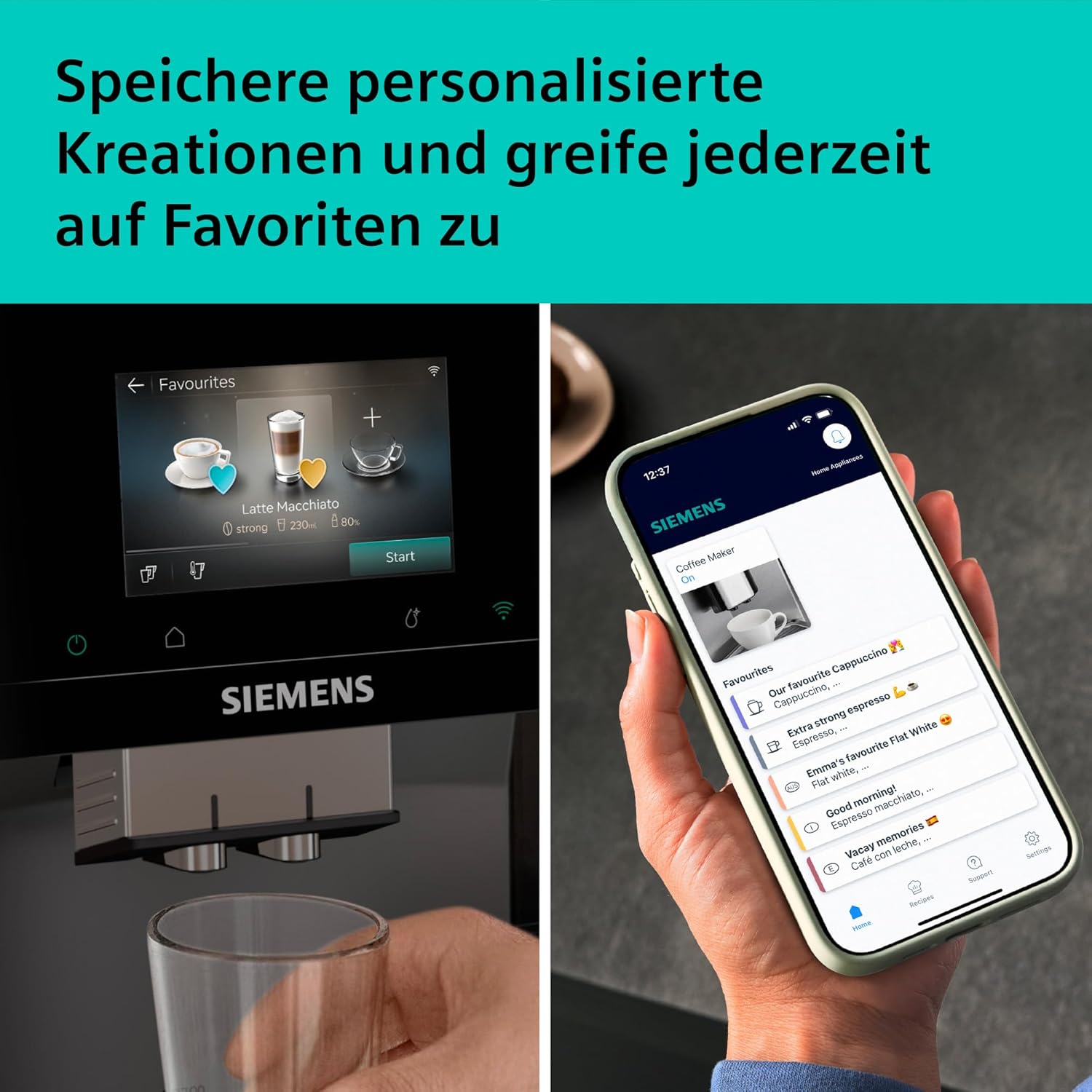 Siemens Kaffeevollautomat EQ700 iAroma, Full-Touch-Display, integrierter Milchbehälter, Tassenwärmer, Cold Brew und Slow Brew, Home Appliances App, Edelstahl schwarz, TQ727D03 – Bild 5