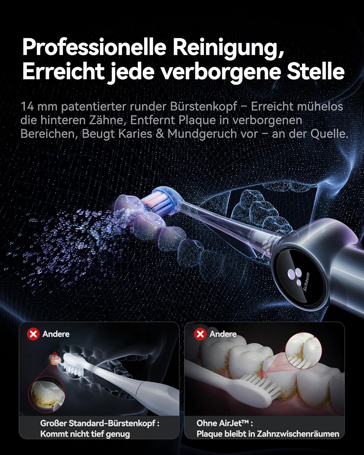 AirJet X5 Elektrische Zahnbürste, Tiefenreinigung, Stahlblau | 100% Plaque-Entfernung, 7-Tage-Aufhellung, Zahnfleischpflege, für Zahnspangen, 60 Tage Akku, 3 Köpfe, zahnärztlich empfohlen – Bild 3