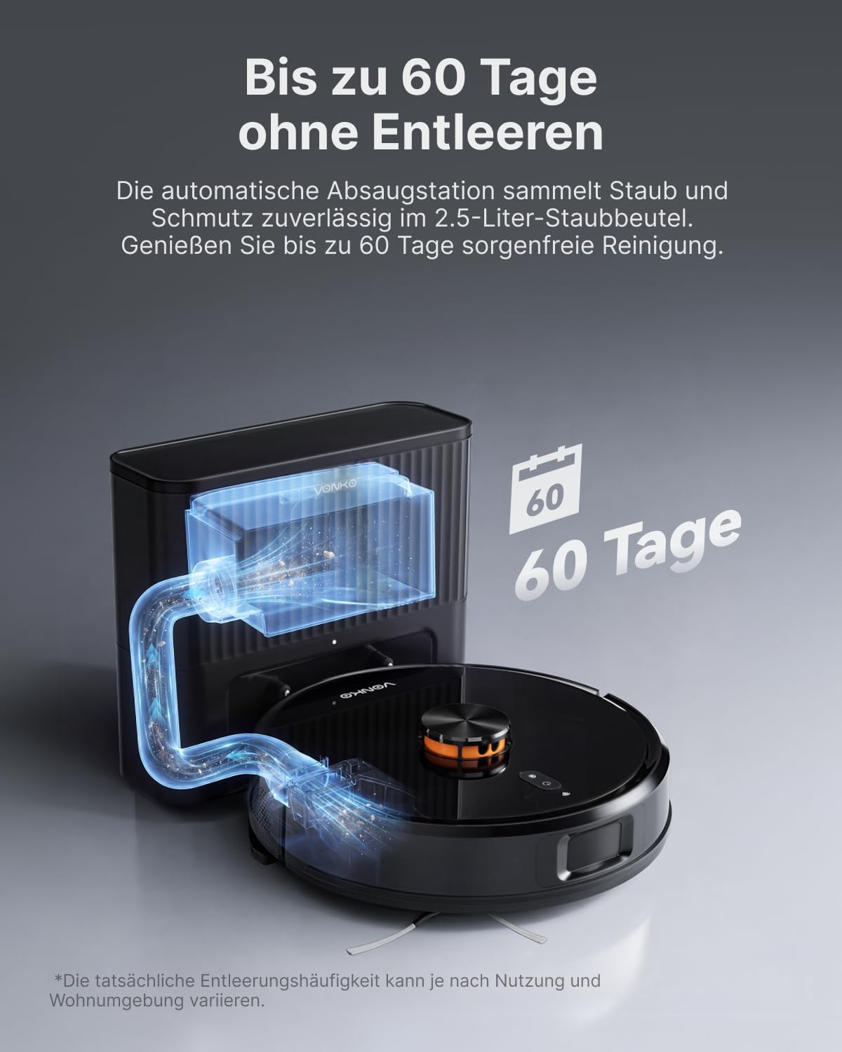 VONKO S6 Pro Saugroboter mit Wischfunktion und Absaugstation, 8000Pa Saugkraft,LiDAR 2.0 Laser Navigation,180 Min.Laufzeit,Teppicherkennung,App/Alexa,Ideal für Tierhaare,Hartböden,Nachtschwarz – Bild 2