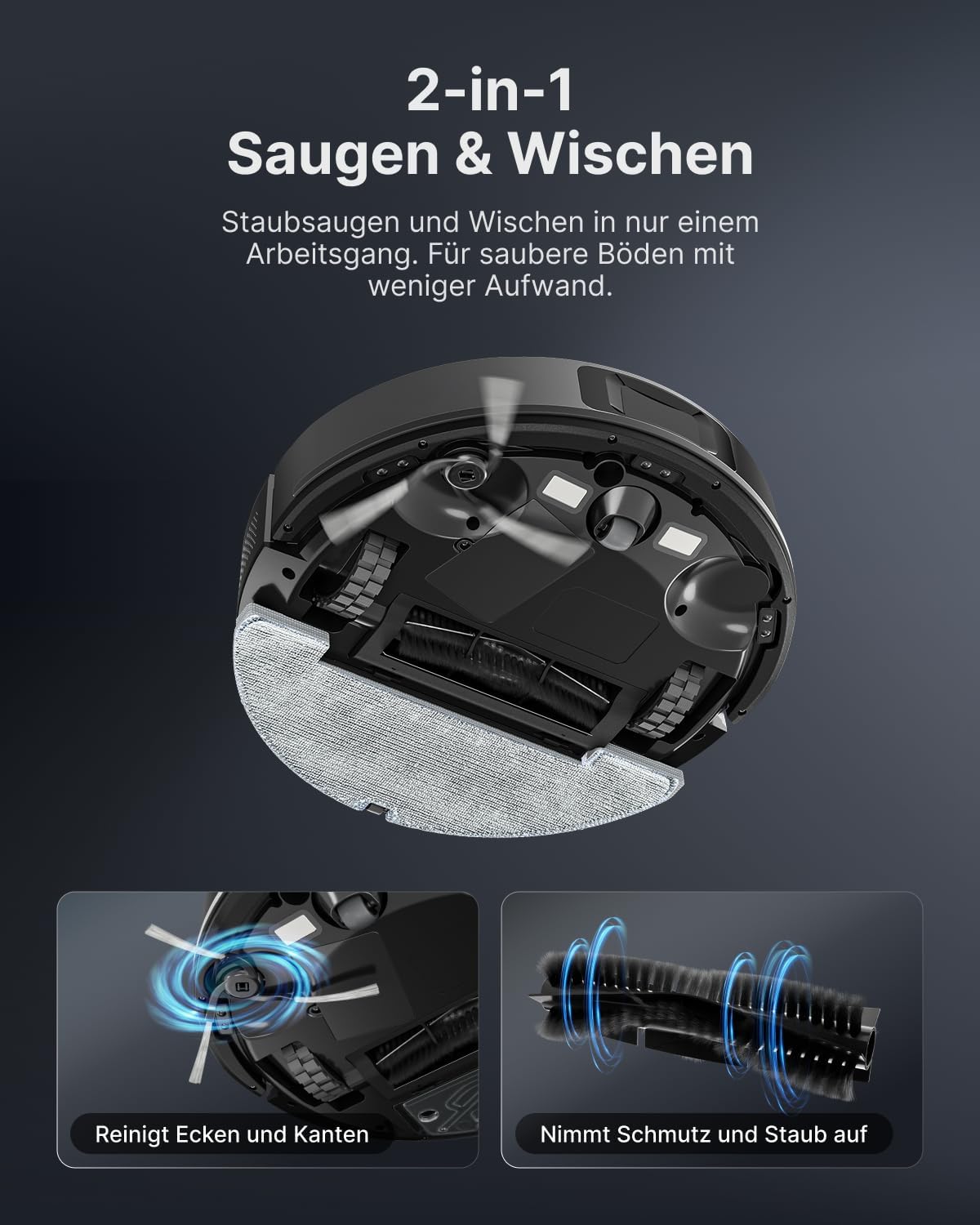 VONKO S6 Pro Saugroboter mit Wischfunktion und Absaugstation, 8000Pa Saugkraft,LiDAR 2.0 Laser Navigation,180 Min.Laufzeit,Teppicherkennung,App/Alexa,Ideal für Tierhaare,Hartböden,Nachtschwarz – Bild 4