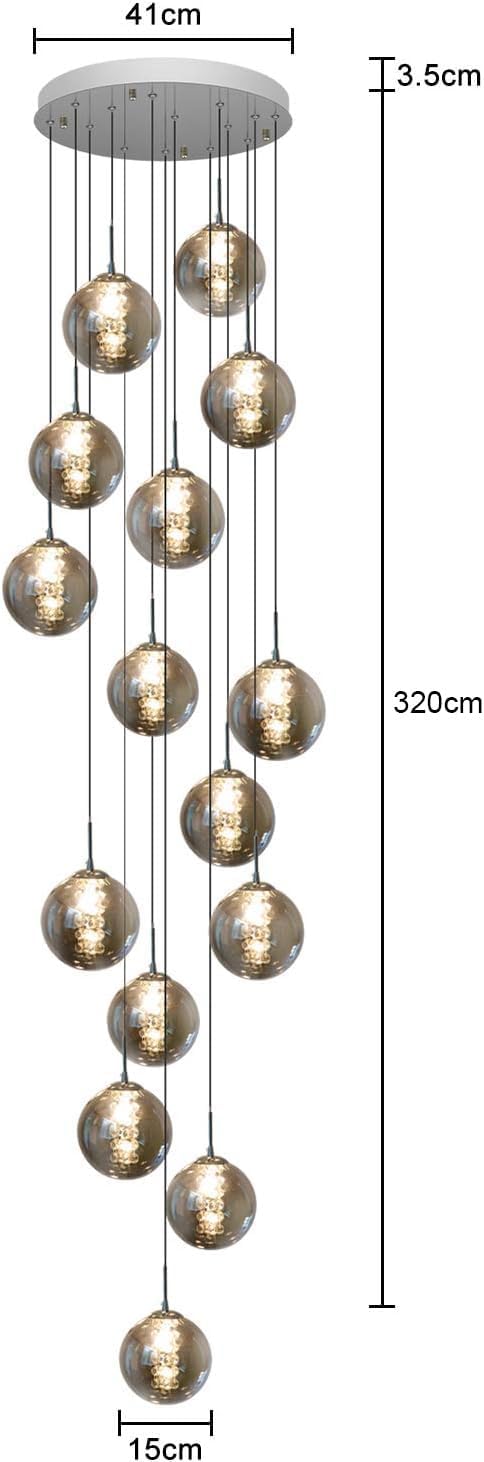 CBJKTX Pendelleuchte Treppenhaus 15 Flammig 320cm Hängelampe Glas Rauchgrau – Bild 3