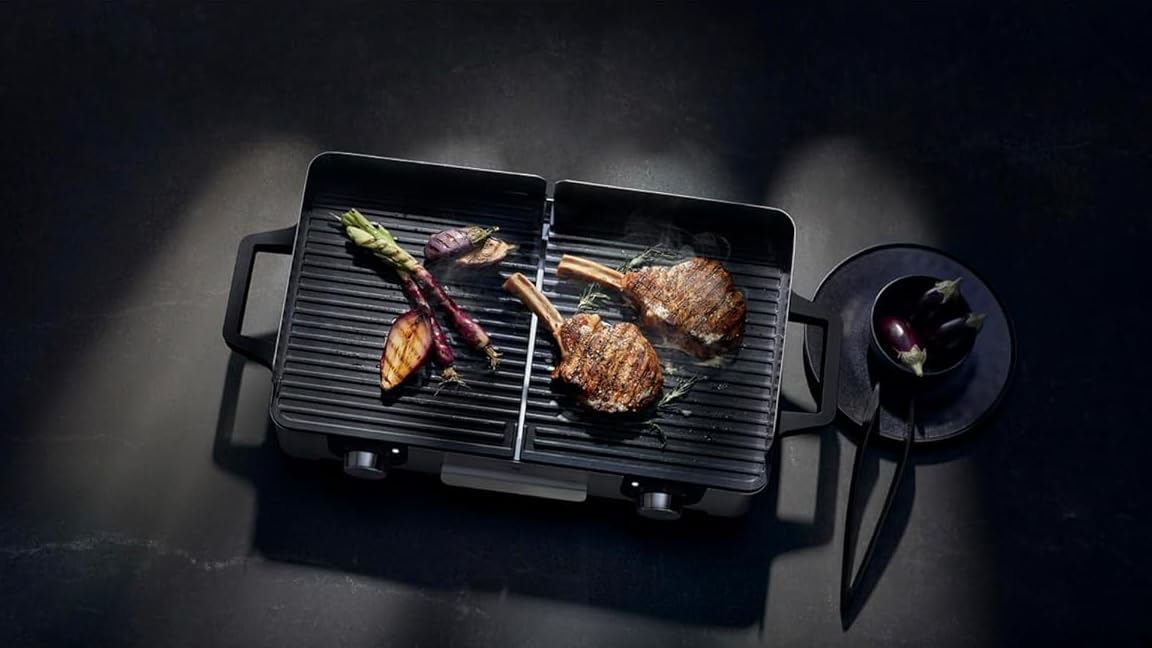 WMF Lono Master-Grill, Elektrogrill, 50x28 cm, Elektrogrill Tischgrill mit Windschutz und Auffangschale, Outdoorzertifiziert für Barbecue, 2 getrennt regulierbare Grillflächen, 2400 W, edelstahl matt – Bild 2