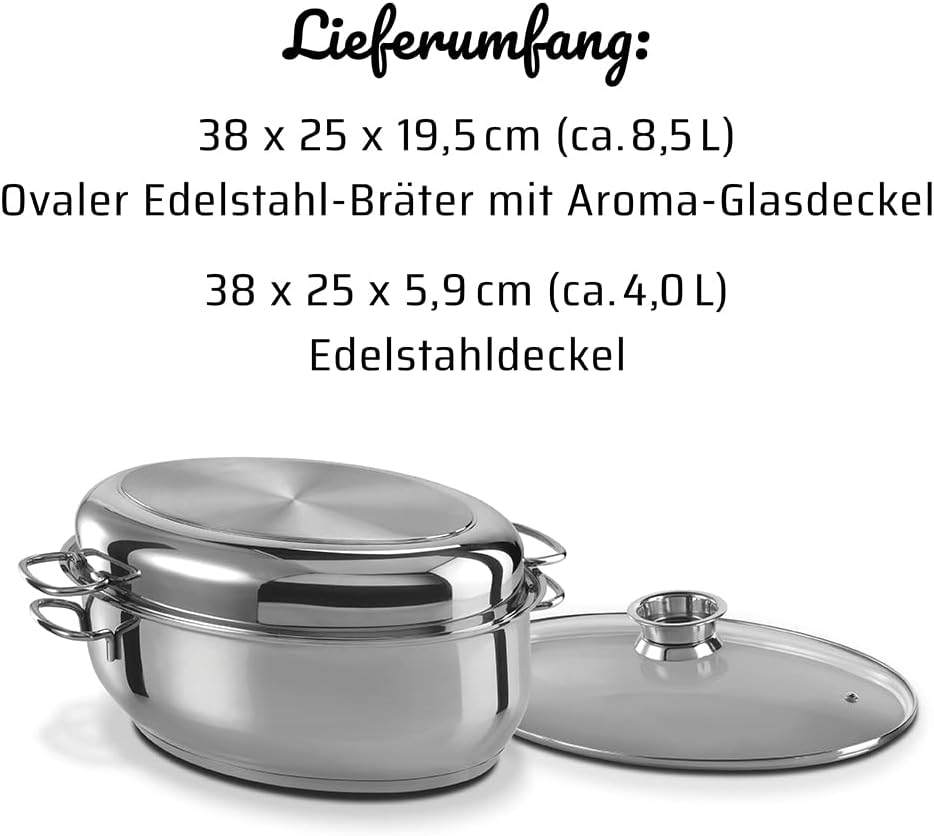 GSW Multibräter 3-in-1 – hochwertiger Bräter mit 2 Deckeln, ideal zum Schmoren, Dünsten und Braten, auch für Induktion und Backofen – Edelstahl, rostfrei, 8,5 Liter, Silber – Bild 7