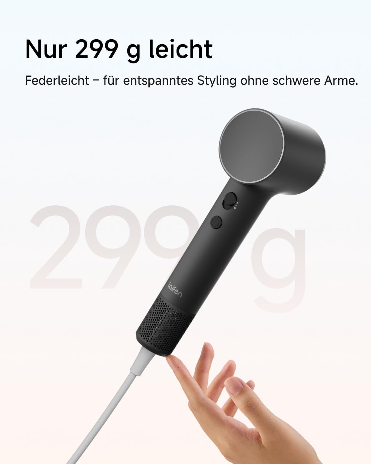 Laifen Air Pro Haartrockner, 299 g leicht, 20 m/s Luftstrom, Nachtschwarz – Bild 3