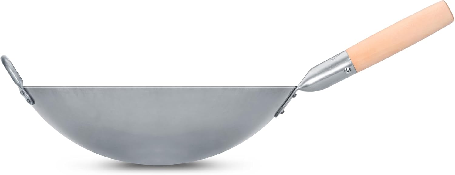 Craft Wok Traditioneller handgehämmerter Wok aus Karbonstahl mit Griff aus Holz und Stahl (Durchmesser 35,6 cm, Rundboden)/731W88 – Bild 8
