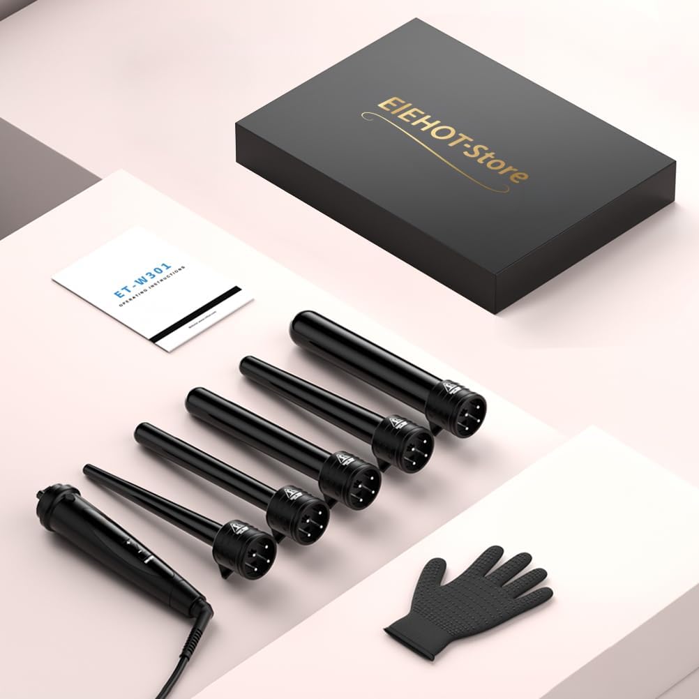 ELEHOT-Store Lockenstab 5 in 1 LCD Keramikbeschichtung Austauschbare Aufsätzen Curling iron mit Handschuhe Einstellbare Temperatur Schnellaufheizung Lockenstäbe ET-W301 – Bild 9