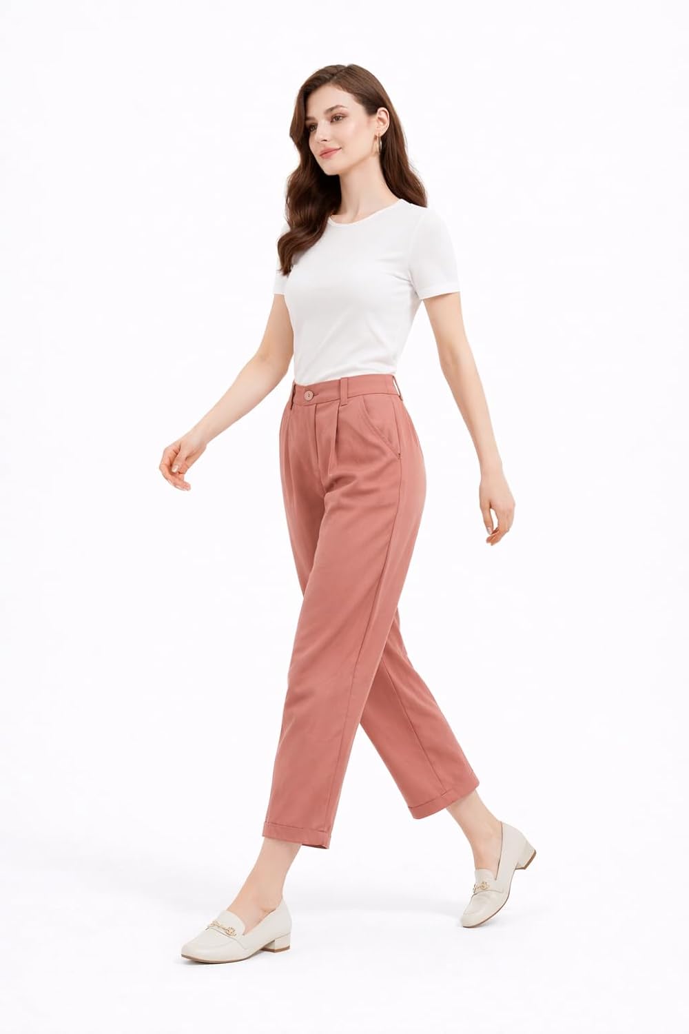 Damen 7/8-Culotte, Elegante knöchellange Stoffhose aus Baumwollmischung mit hoher Taille, weitem Bein und Taschen – Bild 4