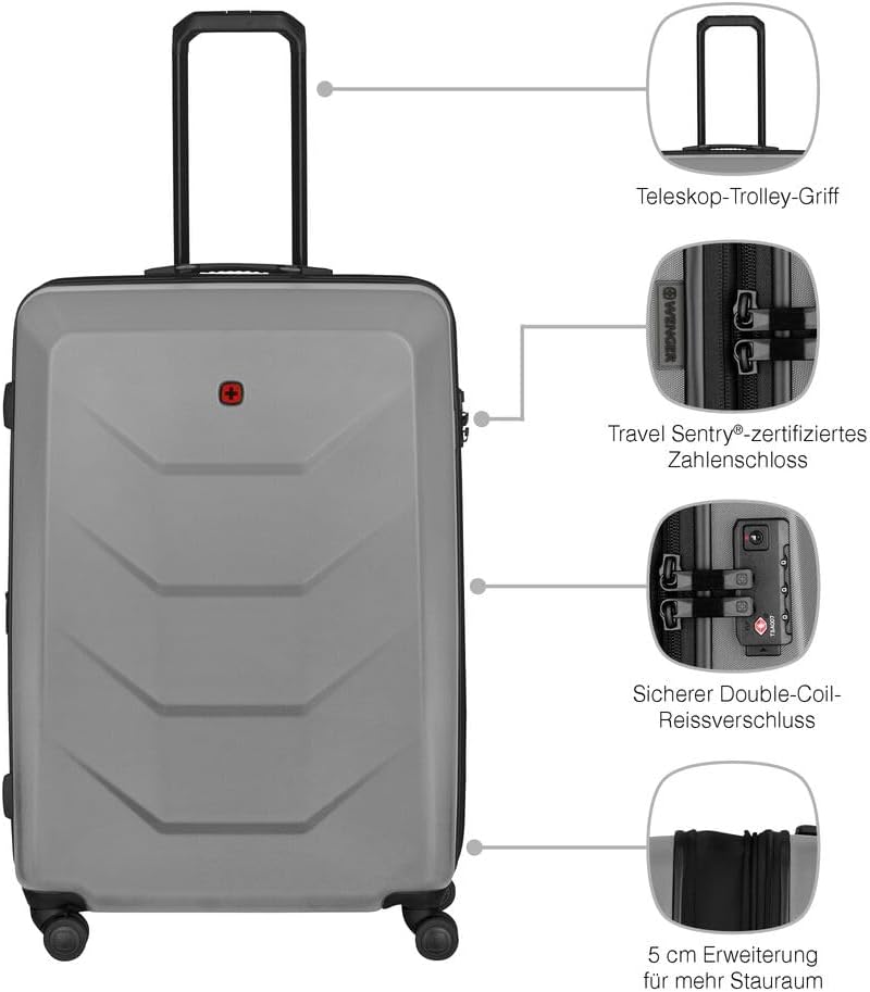 WENGER Prymo Large Hartschalenkoffer mit 4 Rollen, Trolley, Groß, 93 (107) l, Sicherheitsschloss, Damen/Herren, Reisen Urlaub, Silber, 654117 – Bild 4