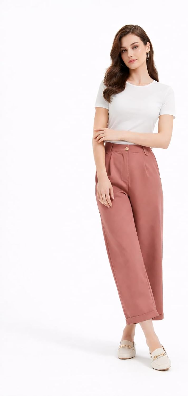 Damen 7/8-Culotte, Elegante knöchellange Stoffhose aus Baumwollmischung mit hoher Taille, weitem Bein und Taschen – Bild 3