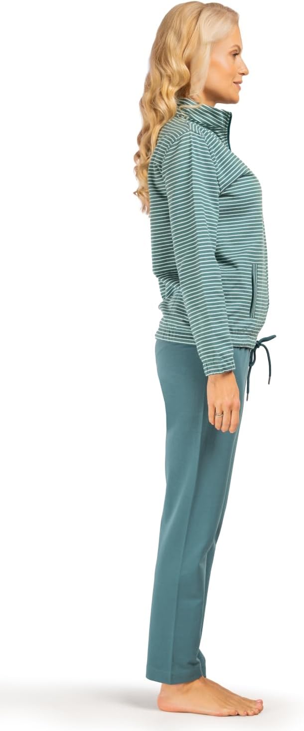 Consult-Tex Damen Langarm Hausanzug aus 100% Baumwolle-Fleece Qualität. Oberteil mit Reißverschlus und abgesteppten Bündchen. Hose mit dehnbarem Bund und Kordelzug. Attraktives Ringel-Dessin – Bild 3