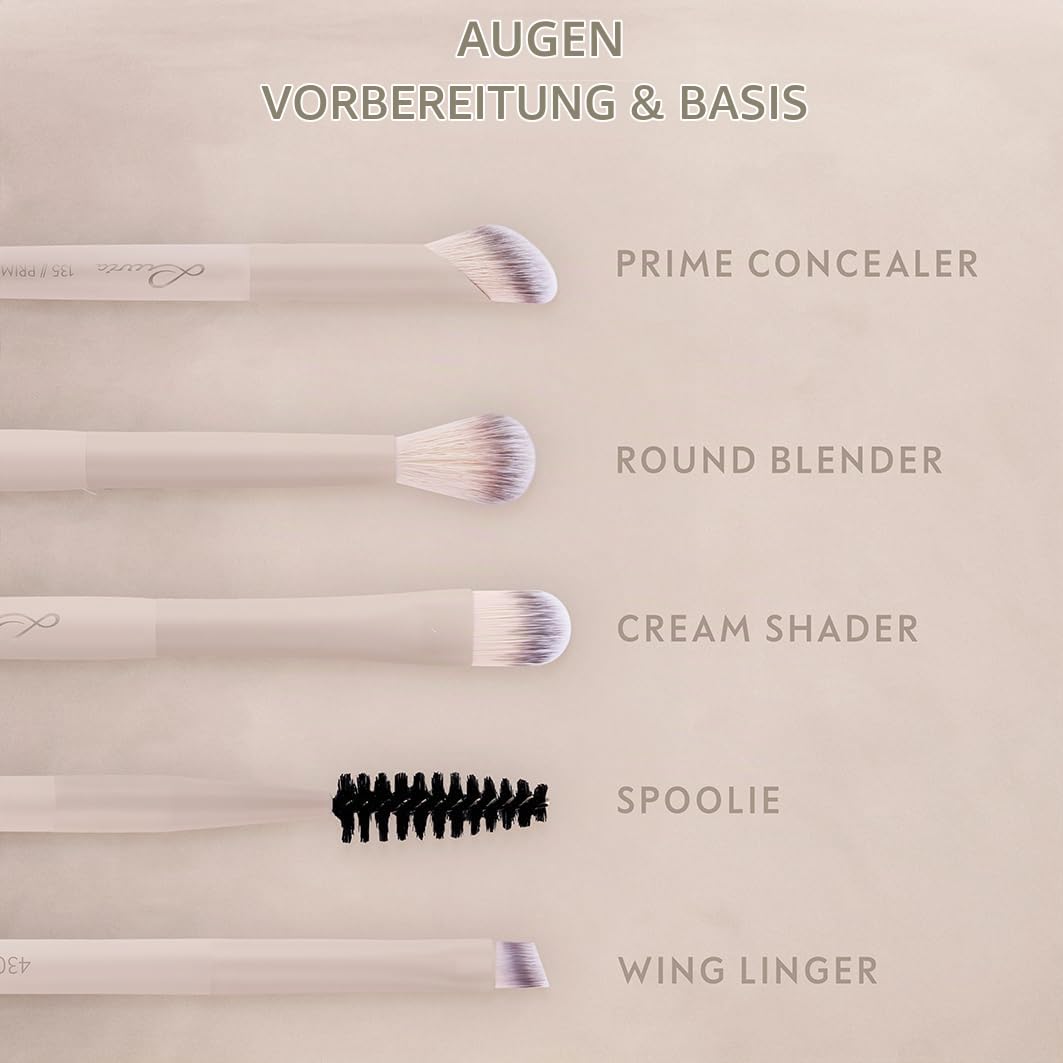 Make-up Pinselset Aura | 10-teiliges Pinselset mit 8 Schminkpinseln für Gesicht & Augen inkl. veganem Lederetui & Powder Puff Sponge | Professionelle vegane Kosmetikpinsel | Nude 2-farbig | Luvia – Bild 4