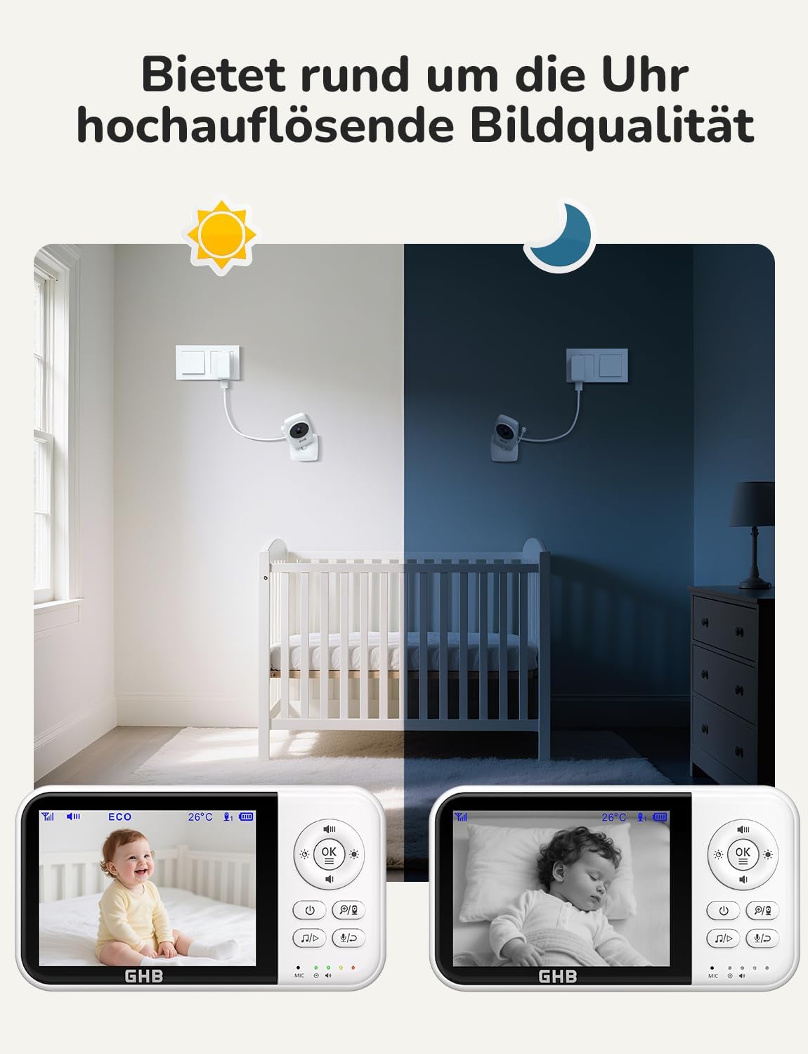 GHB Babyphone mit Kamera Baby Monitor 3,2 Zoll Weiß – Bild 4