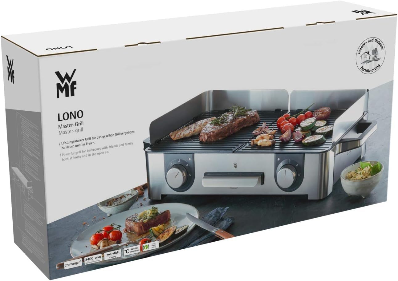 WMF Lono Master-Grill, Elektrogrill, 50x28 cm, Elektrogrill Tischgrill mit Windschutz und Auffangschale, Outdoorzertifiziert für Barbecue, 2 getrennt regulierbare Grillflächen, 2400 W, edelstahl matt – Bild 16