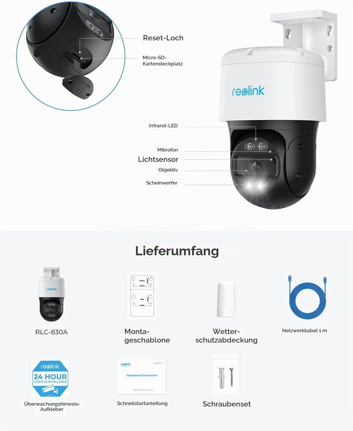 Reolink 4K PT PoE Überwachungskamera Aussen mit Auto-Tracking, Spotlights, 355° Schwenk 90° Neige, Personen-/Fahrzeug-/Haustiererkennung, 30m Farbnachtsicht, 2-Wege-Audio, RLC-830A (Generalüberholt) – Bild 7