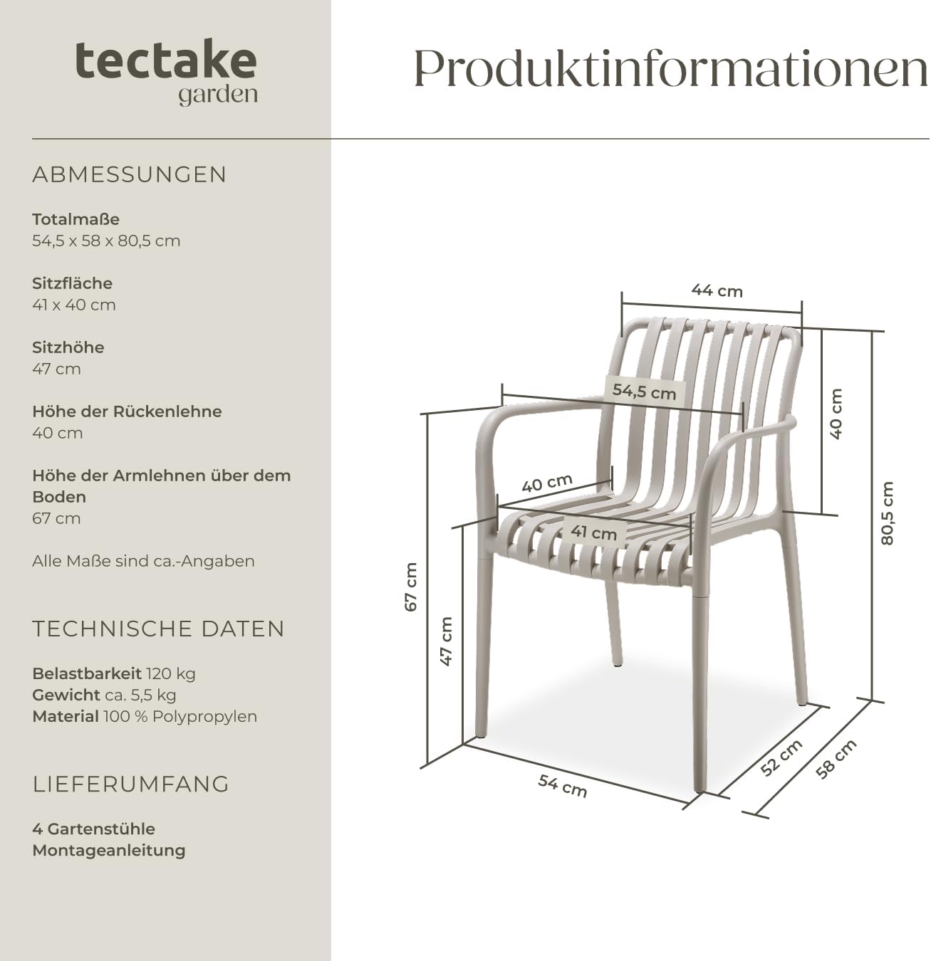 tectake® Gartenstühle stapelbar, Gartenmöbel Set, Balkon Möbel, Bistro Set, Sessel, Outdoor Möbel, Balkonmöbel, Terrassenmöbel - Taupe, 4er Set – Bild 3