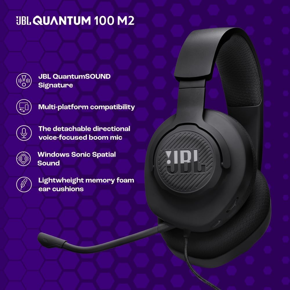 JBL Quantum 100M2 Kabelgebundenes Over-Ear Gaming Headset mit QuantumSOUND Signature, 3,5-mm-Klinke, Multi-Plattform-Kompatibilität und abnehmbarem Mikrofon mit Stummschaltungsoption, Schwarz – Bild 3