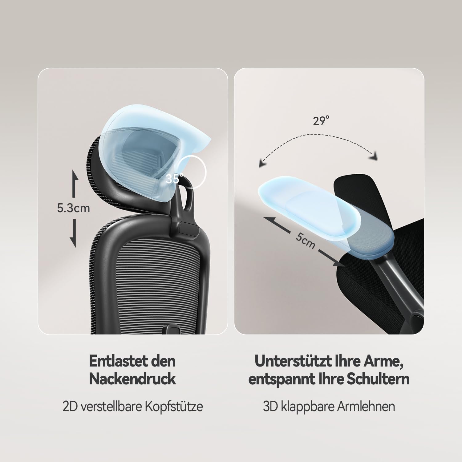 SIHOO M102C Bürostuhl Ergonomisch Schreibtischstuhl, Drehstuhl mit 3D-Armlehnen, Hohe Rückenlehne Lendenwirbelstütze Nach Oben und Unten, Höhenverstellung und Wippfunktion Schwarz – Bild 8