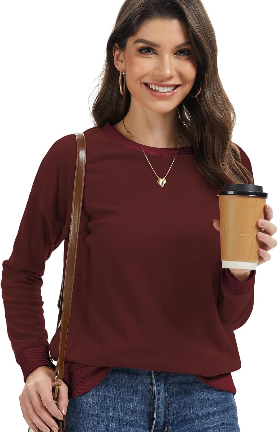 Cuptacc Pullover Damen Sweatshirt Langarm Rundhals Kontrast Langarmshirt – Bild 2