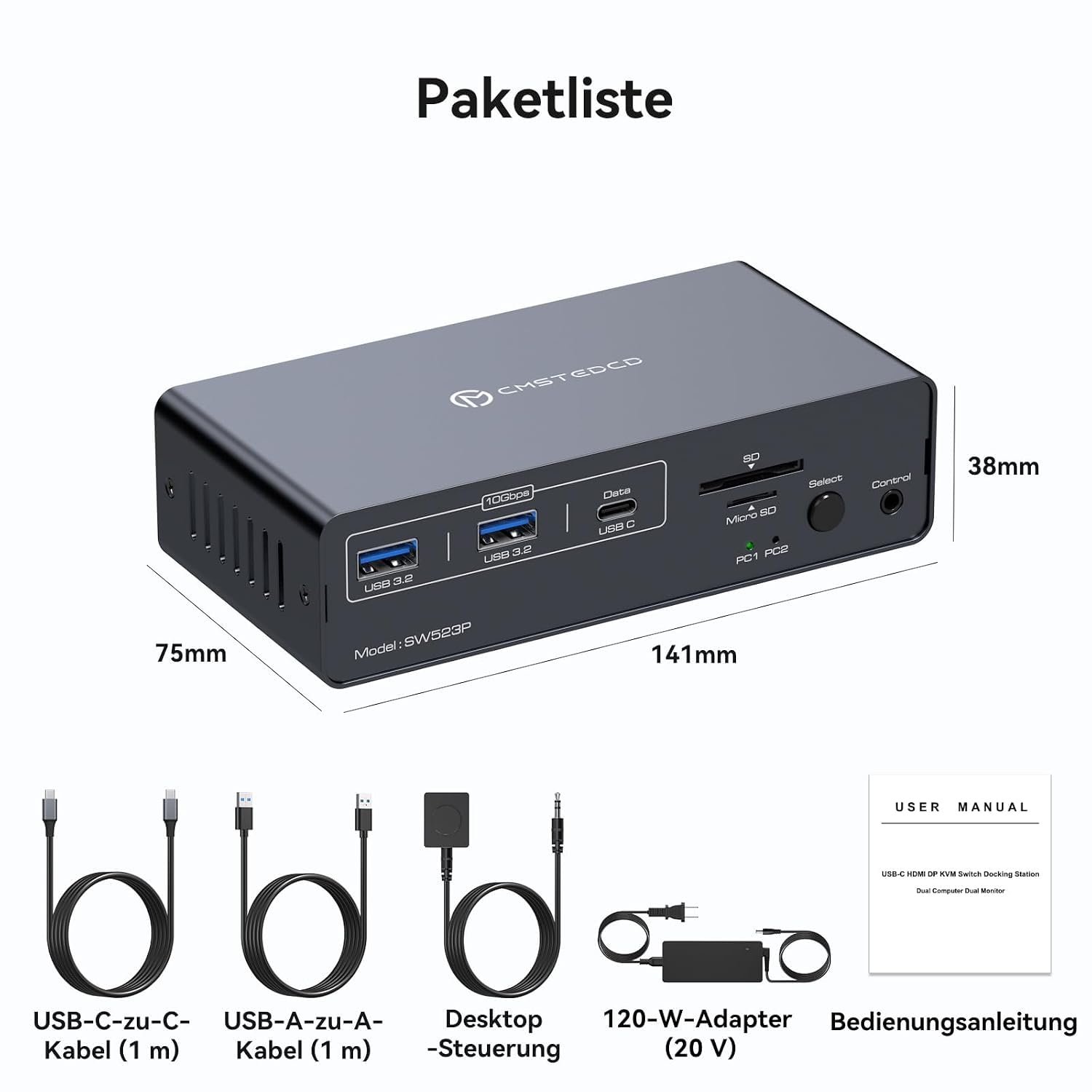 KVM Switch 2 PC 2 Monitore mit Dual 4K@120Hz USB C KVM Switch DisplayPort für Laptop und Desktop PC, 14-in-1 USBC Docking Station mit 100W PD, USB 3.2, SD/TF Kartenleser – Bild 8