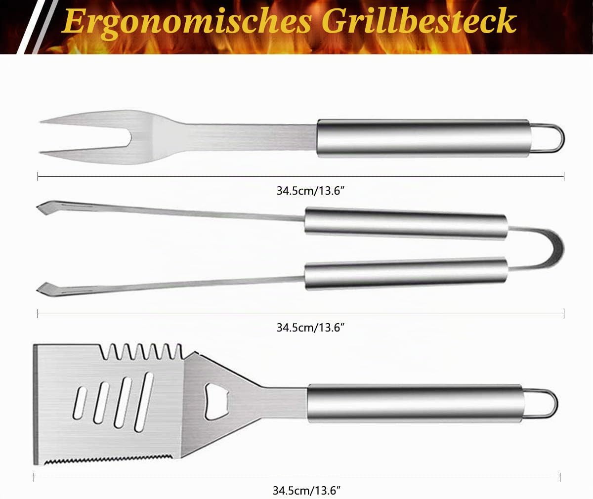 3PCS Edelstahl Grillbesteck-Set, Professionelle Grill Bestecksets in Tragetasche BBQ Grillwerkzeug Grillset – Bild 2