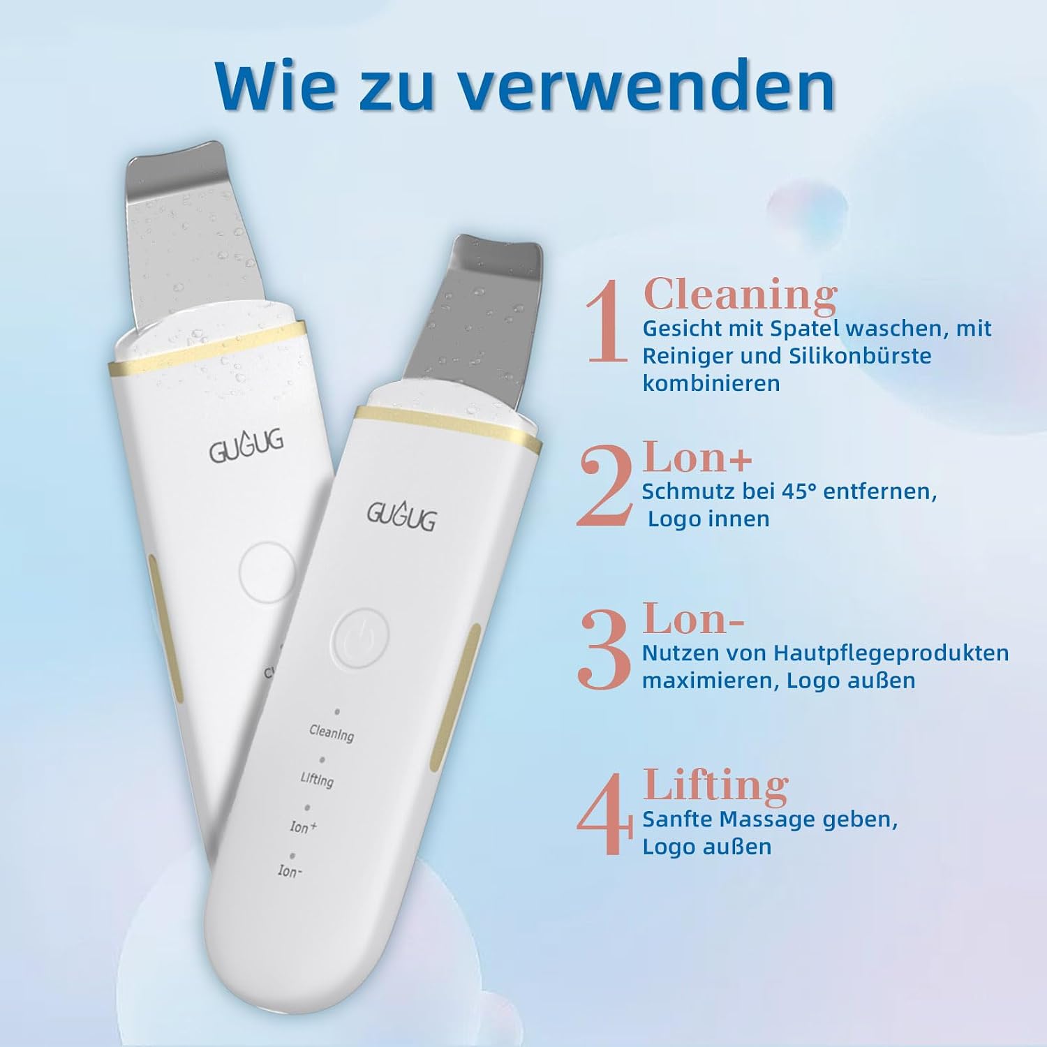 GUGUG Ultraschall Skin Scrubber,Gesichtsspatel und Porenreiniger,4 Modi – Bild 5