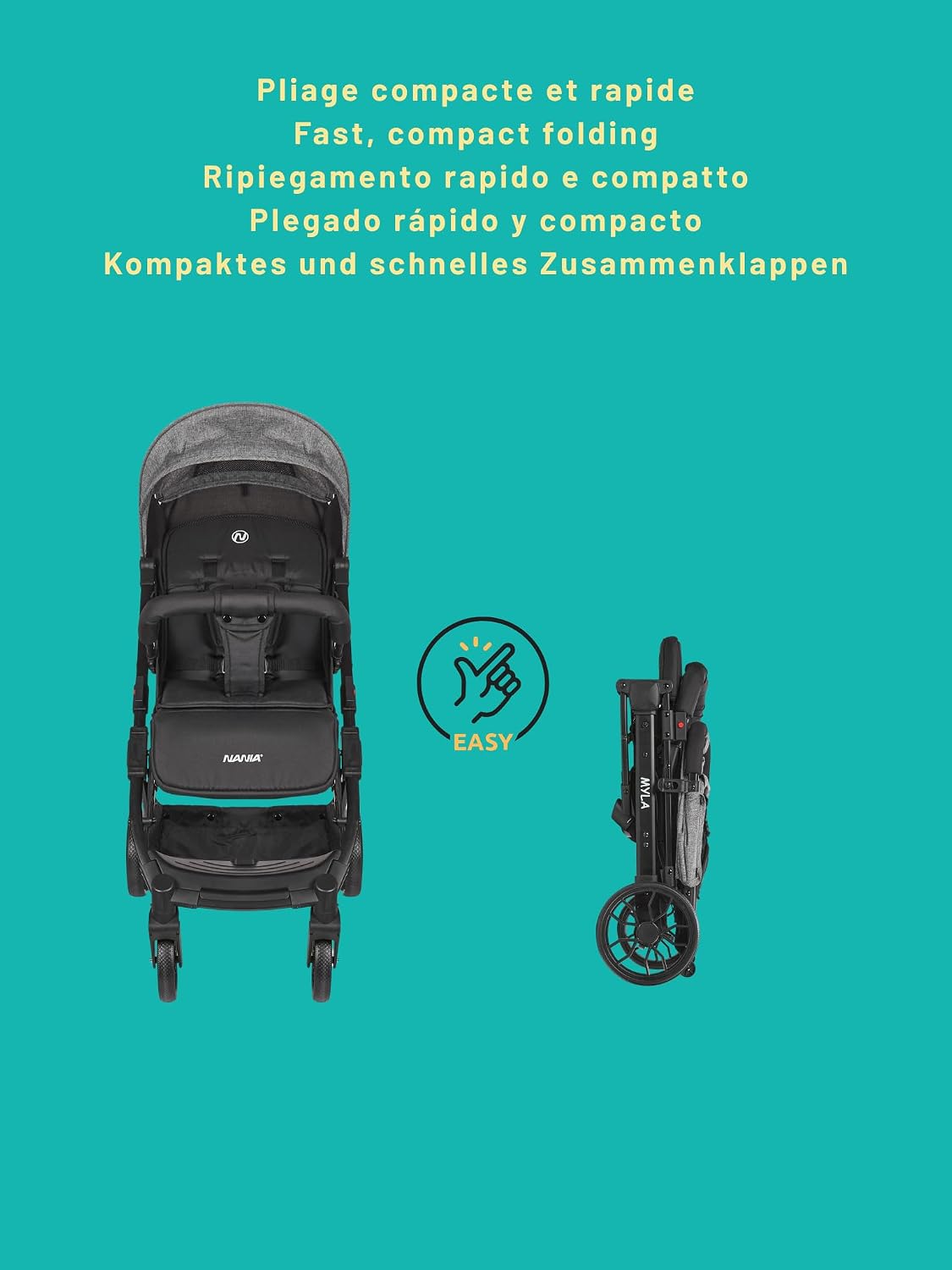 Nania Myla, kompakter Buggy, 0 bis 4 Jahre (22 kg max), leicht (7,5 kg), Stadt-Kinderwagen, mit einer Hand neigbar in Liegeposition, großer Aufbewahrungskorb, mit Transportwagen – Bild 7