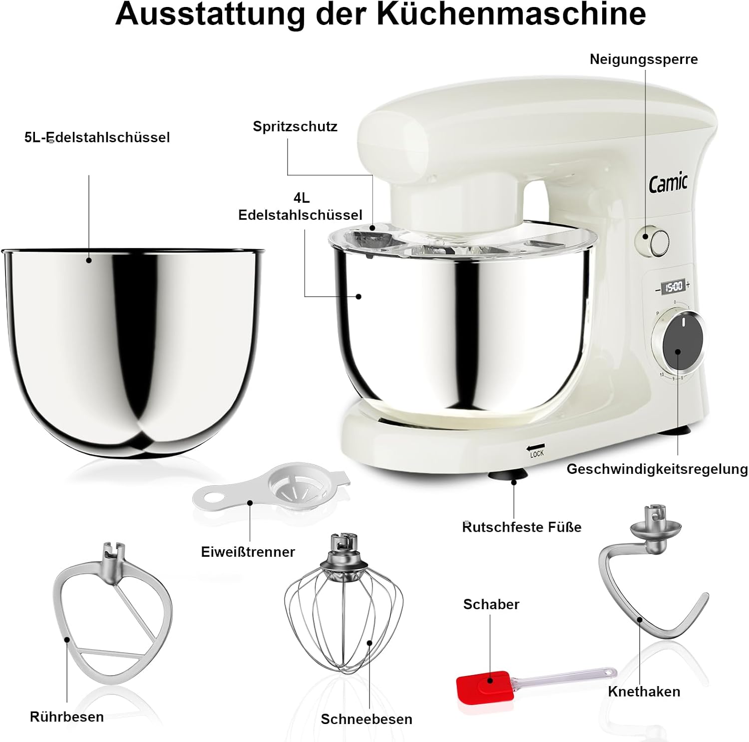 Camic Küchenmaschine mit LED-Display, Zeit Einstellen, Knetmaschine mit Rührhaken, Knethaken, Schlagbesen, 10 Stufen, 2 Edelstahlschüsseln 4L+5L, für Teig, Brot, Pizza, Kuchen (White) – Bild 6