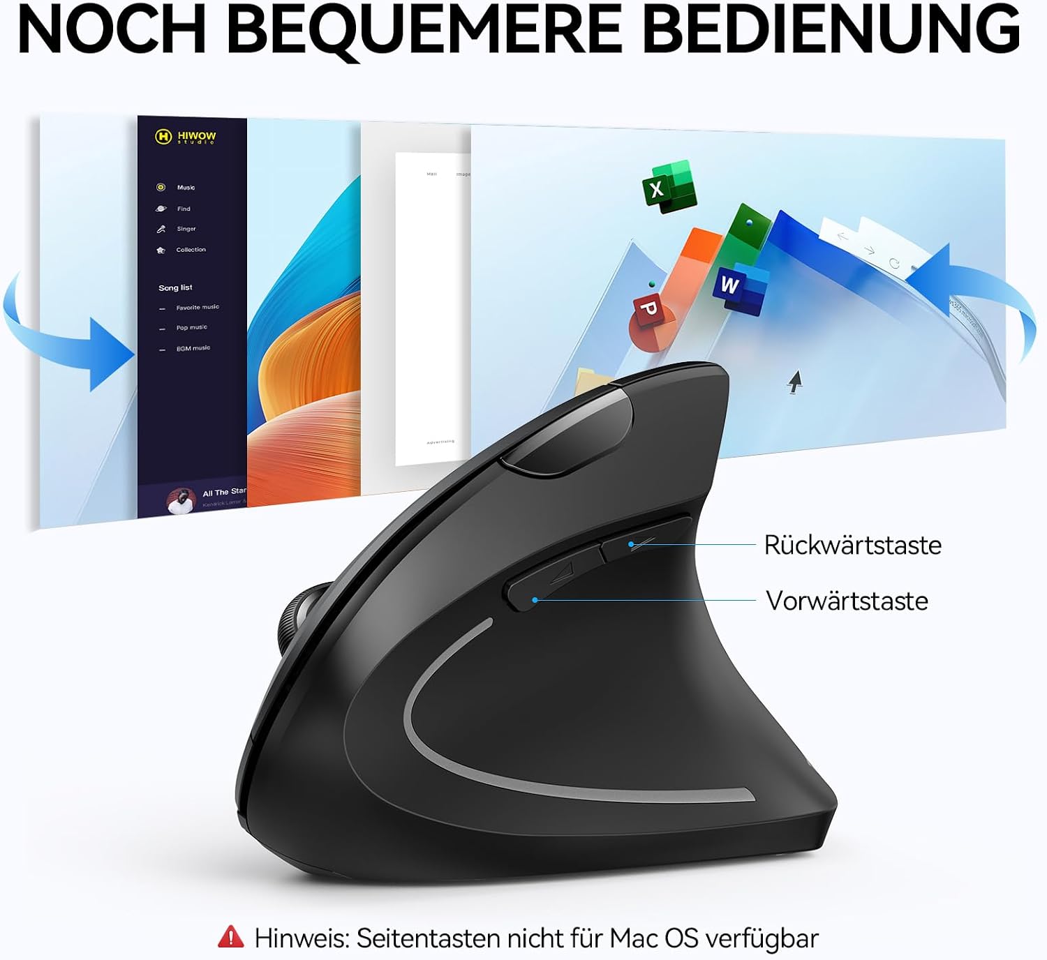 TECKNET Ergonomische Maus, Kabellose Bluetooth Vertikale Maus(BT 5.0+BT 3.0+2.4G), 6 Einstellstufen bis 4800 DPI, Optisch Leise Wireless Mouse für Laptop/PC/Mac/Tablet/iPad(Win/Android/iOS), 6 Tasten – Bild 7
