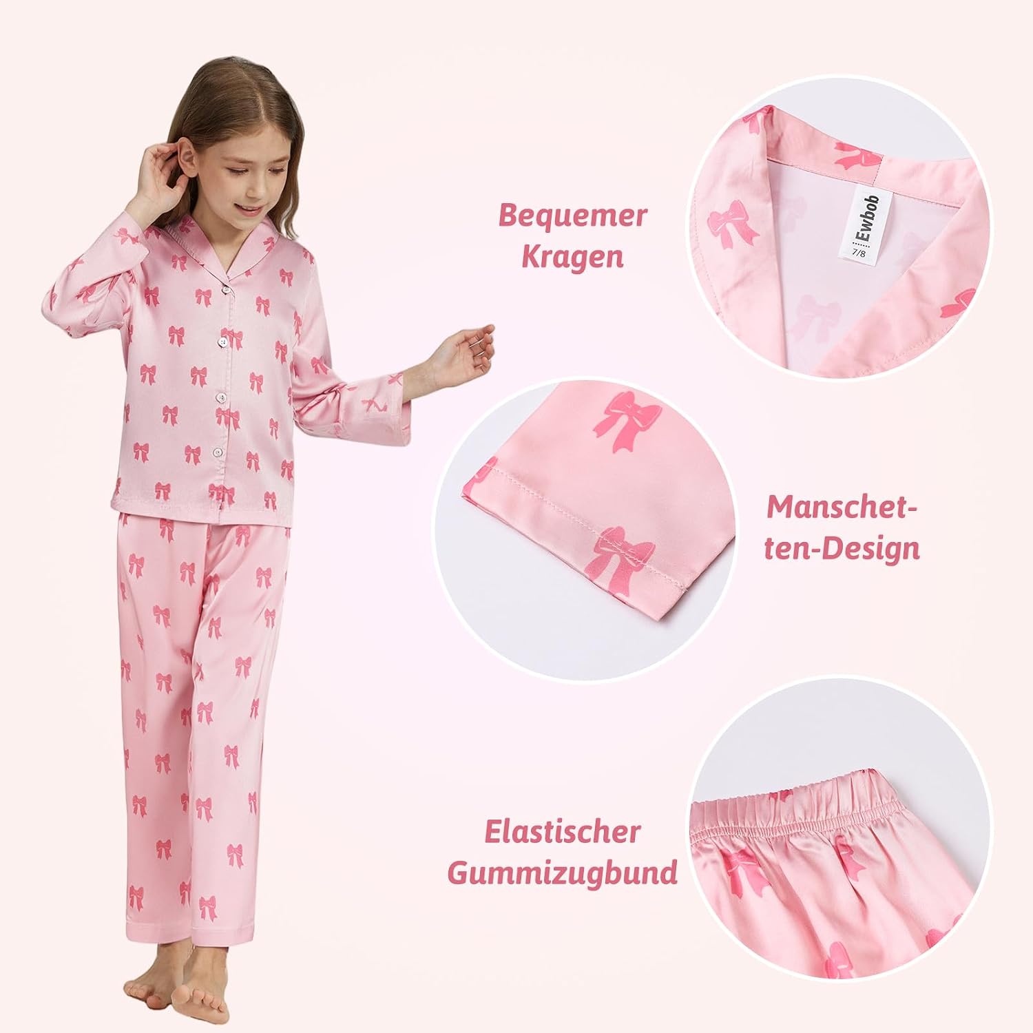 Schlafanzug Mädchen Kinder,Pyjamas Sets,Satin Pyjama Kinder für 5-14 – Bild 4