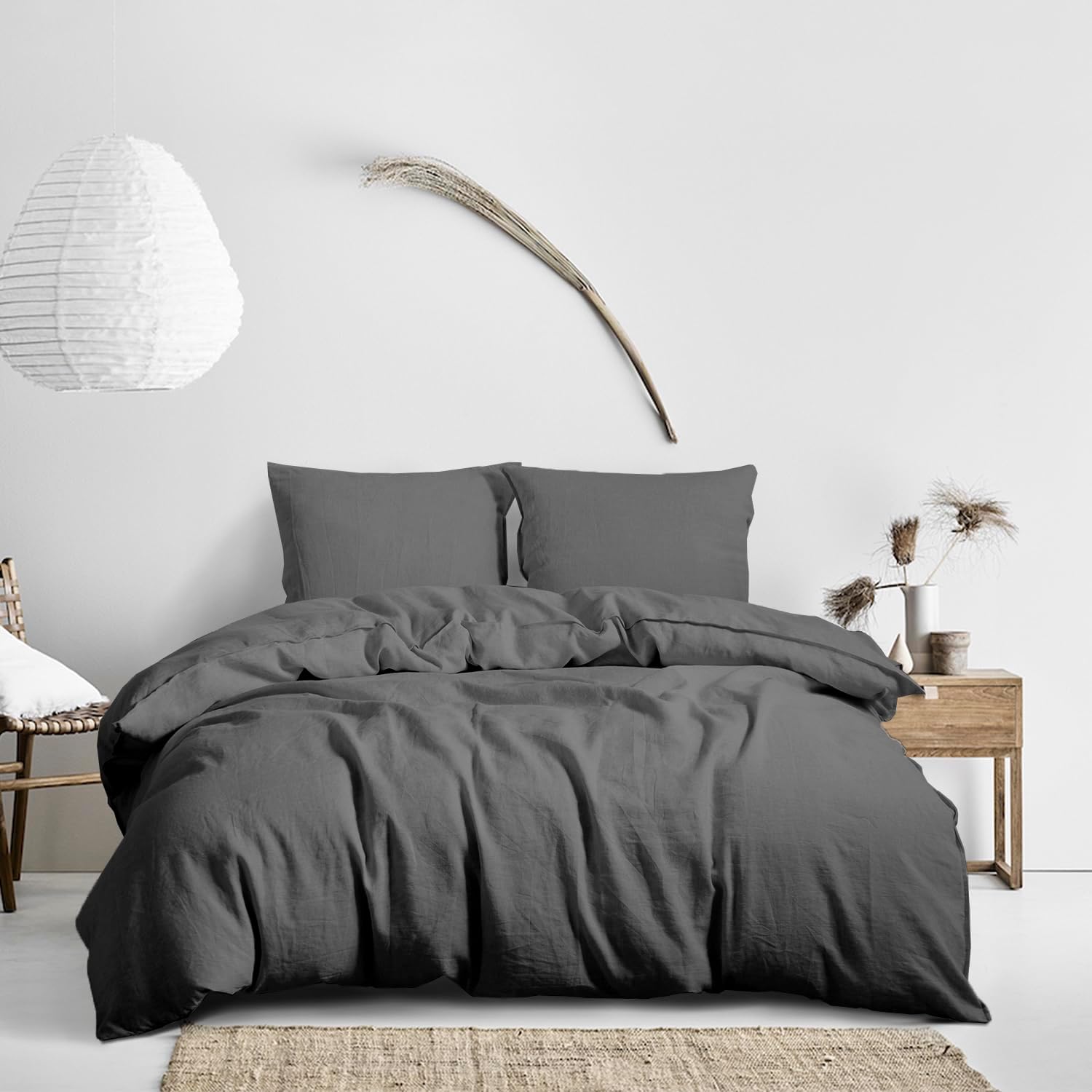 CHUFFED Leinen Bettwäsche 200×200 3teilig Bettwäsche-Sets 100% Naturleinen Bettwäsche-1 Bettbezug 200×200 cm + 2 Kissenbezug 80×80 cm mit Reißverschluss, Weich Atmungsaktiv, Dunkelgrau – Bild 7