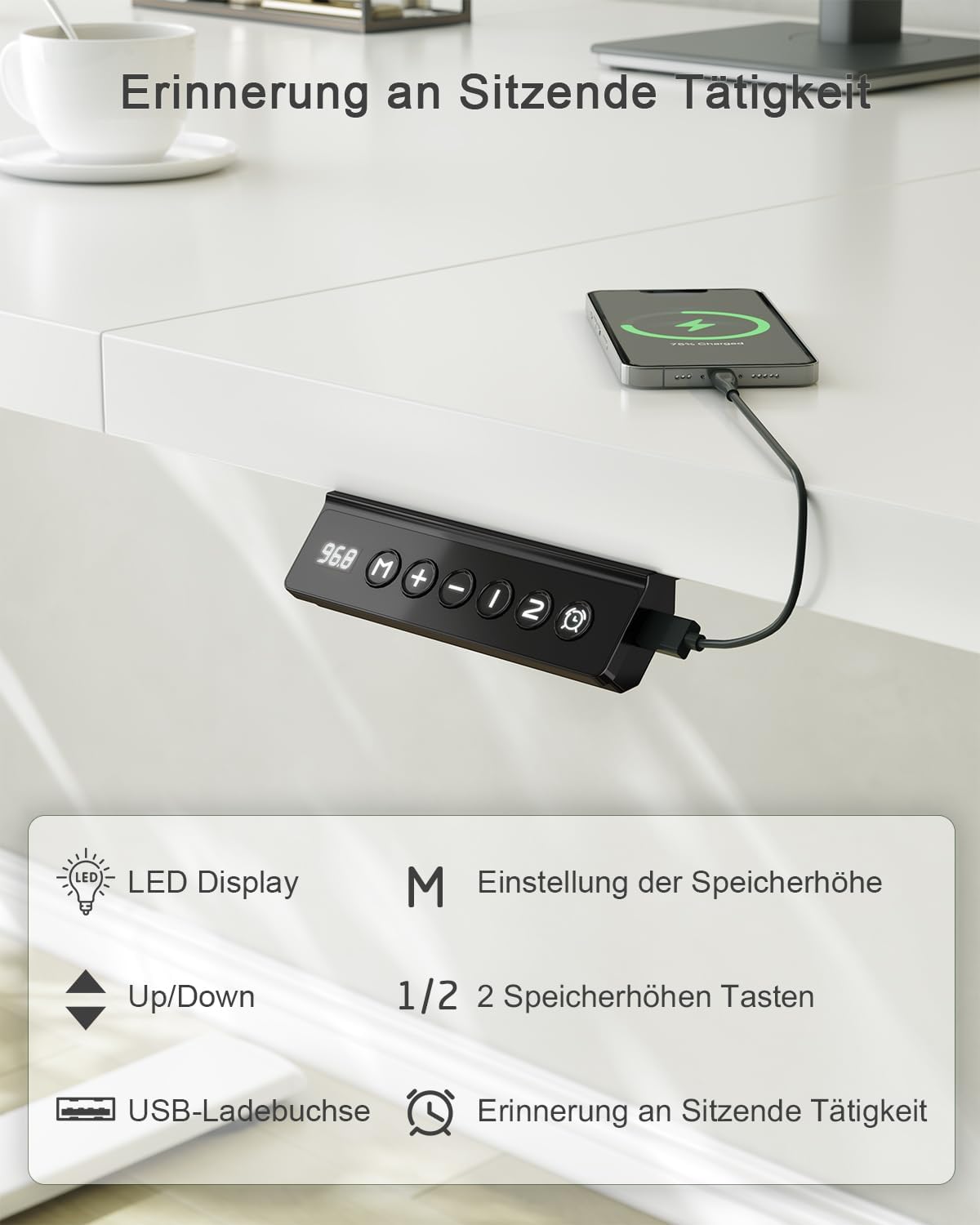 JUMMICO Höhenverstellbarer Schreibtisch 120 x 60 cm, USB-A-Anschluss – Bild 4