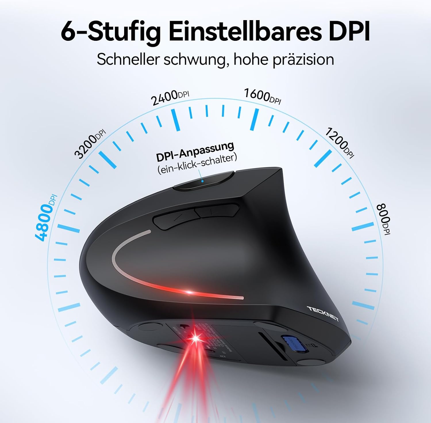 TECKNET Ergonomische Maus, Kabellose Bluetooth Vertikale Maus(BT 5.0+BT 3.0+2.4G), 6 Einstellstufen bis 4800 DPI, Optisch Leise Wireless Mouse für Laptop/PC/Mac/Tablet/iPad(Win/Android/iOS), 6 Tasten – Bild 4