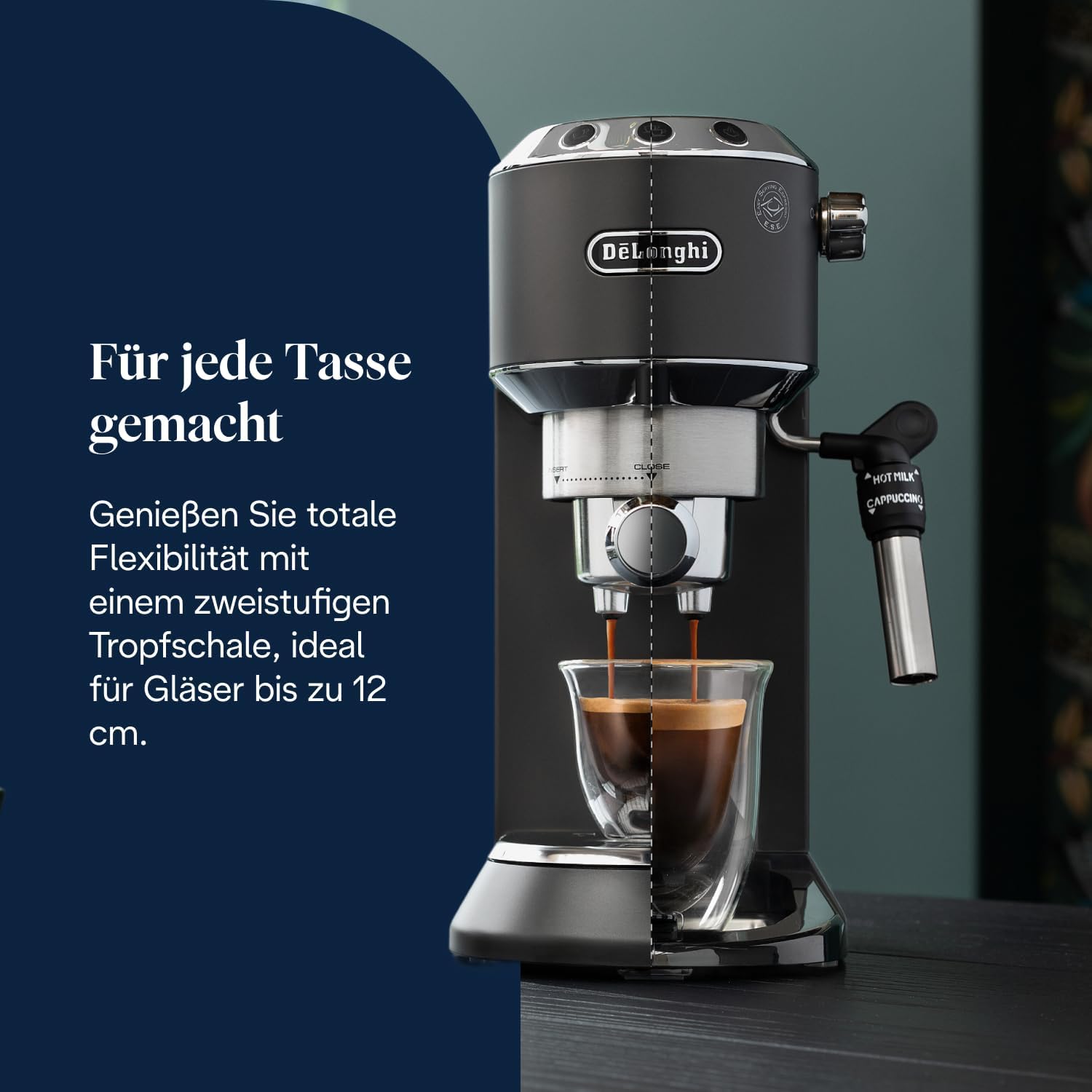 De'Longhi Dedica Style - Perfetto Kompakte Siebträgermaschine Espressomaschine mit Tasten, manuellem Milchaufschäumer für Espresso und Cappuccino, ESE Pad geeignet, 15cm breit, Schwarz (EC685.BK) – Bild 7