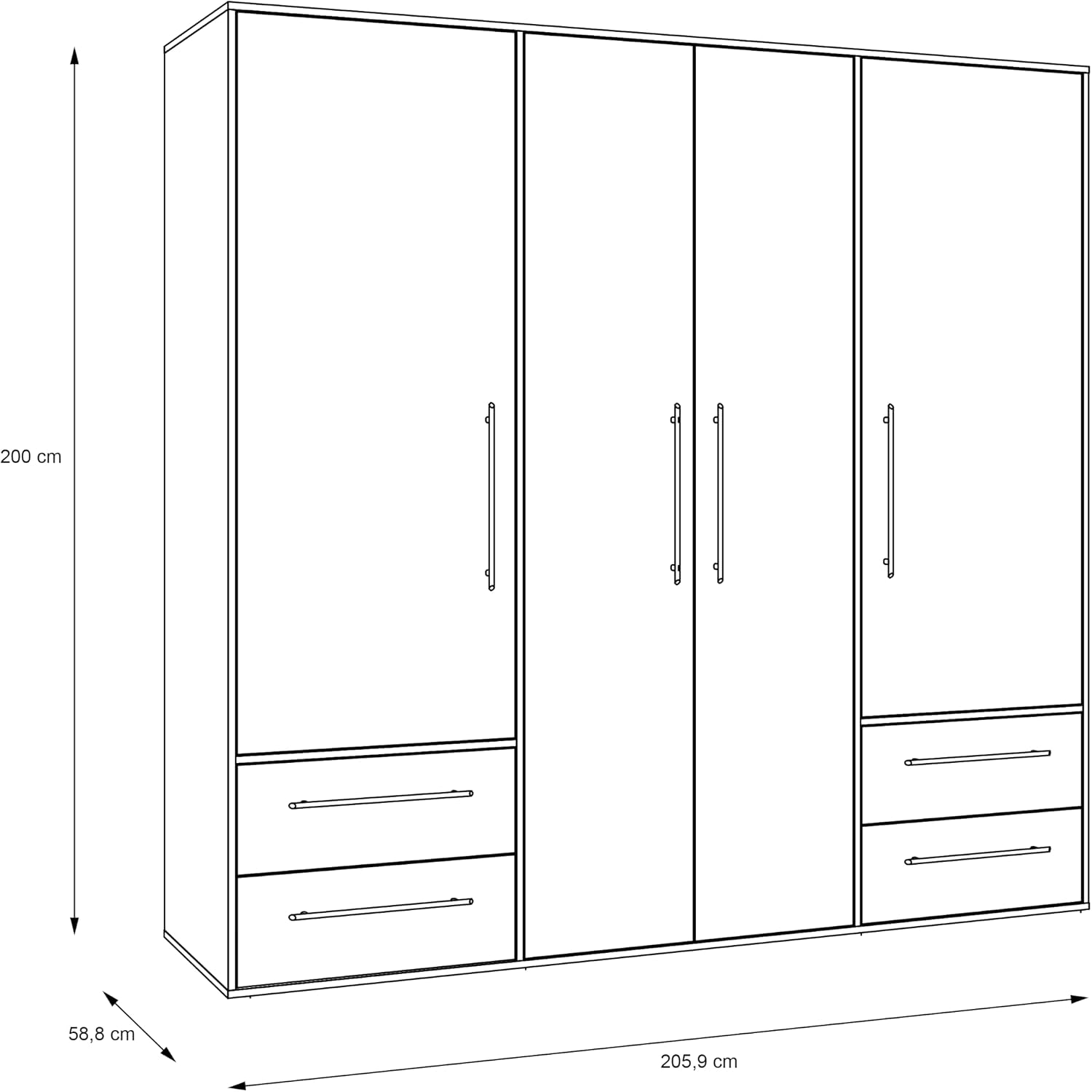 FORTE Jupiter Schrank 200 210, Kleiderschrank, Drehtürenschrank, 4-türig, mit 4 Schubladen und Einlegeböden, Weiß mit Holz Dekor: Sonoma Eiche, 206 cm breit x 59 cm tief x 200 cm hoch – Bild 3