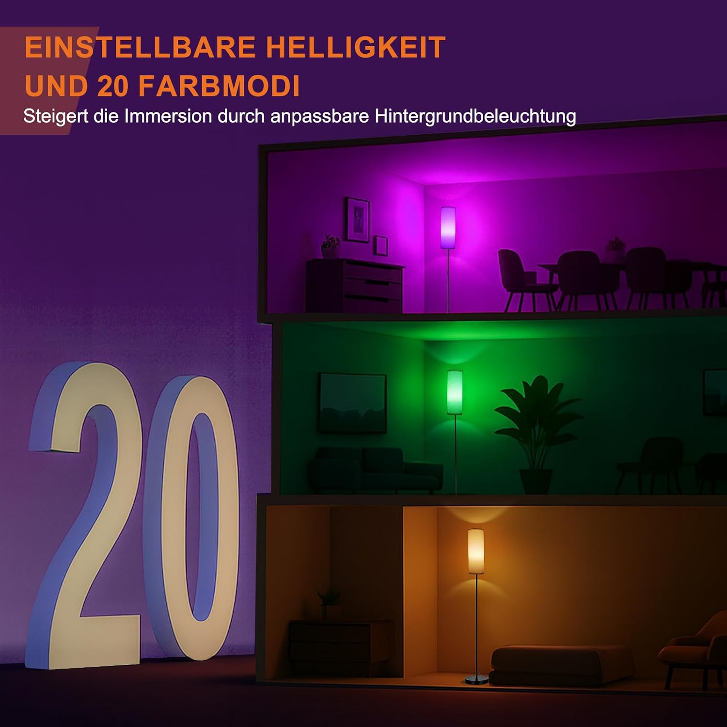 FRIDEKO HOME Stehlampe Wohnzimmer Modern RGB Dimmbar Smart Standleuchte – Bild 7