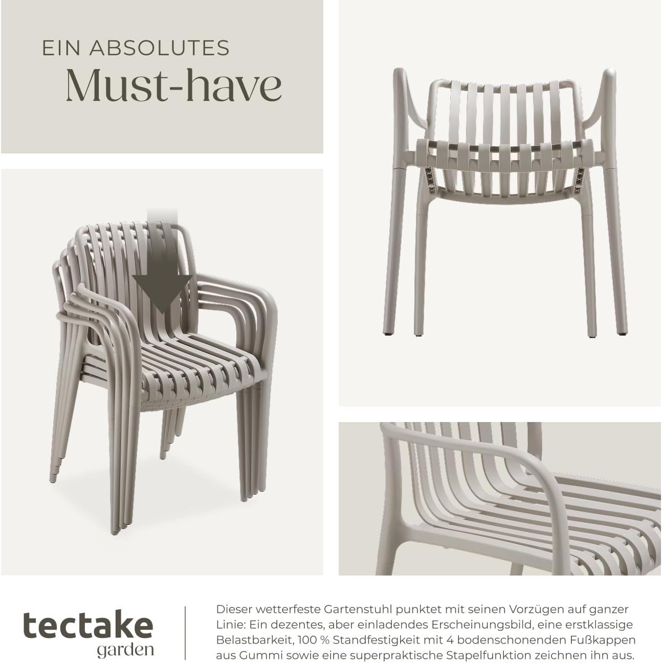 tectake® Gartenstühle stapelbar, Gartenmöbel Set, Balkon Möbel, Bistro Set, Sessel, Outdoor Möbel, Balkonmöbel, Terrassenmöbel - Taupe, 4er Set – Bild 7